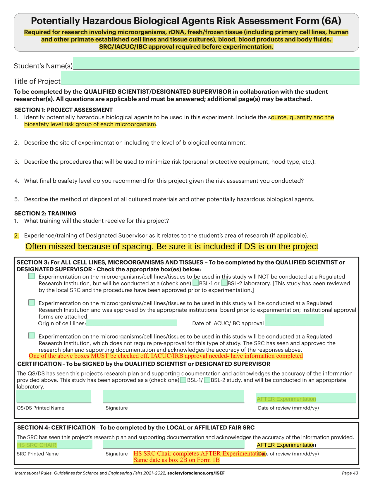 Potentially Hazardous Biological Agents Risk Assessment Form (6A) screenshot
