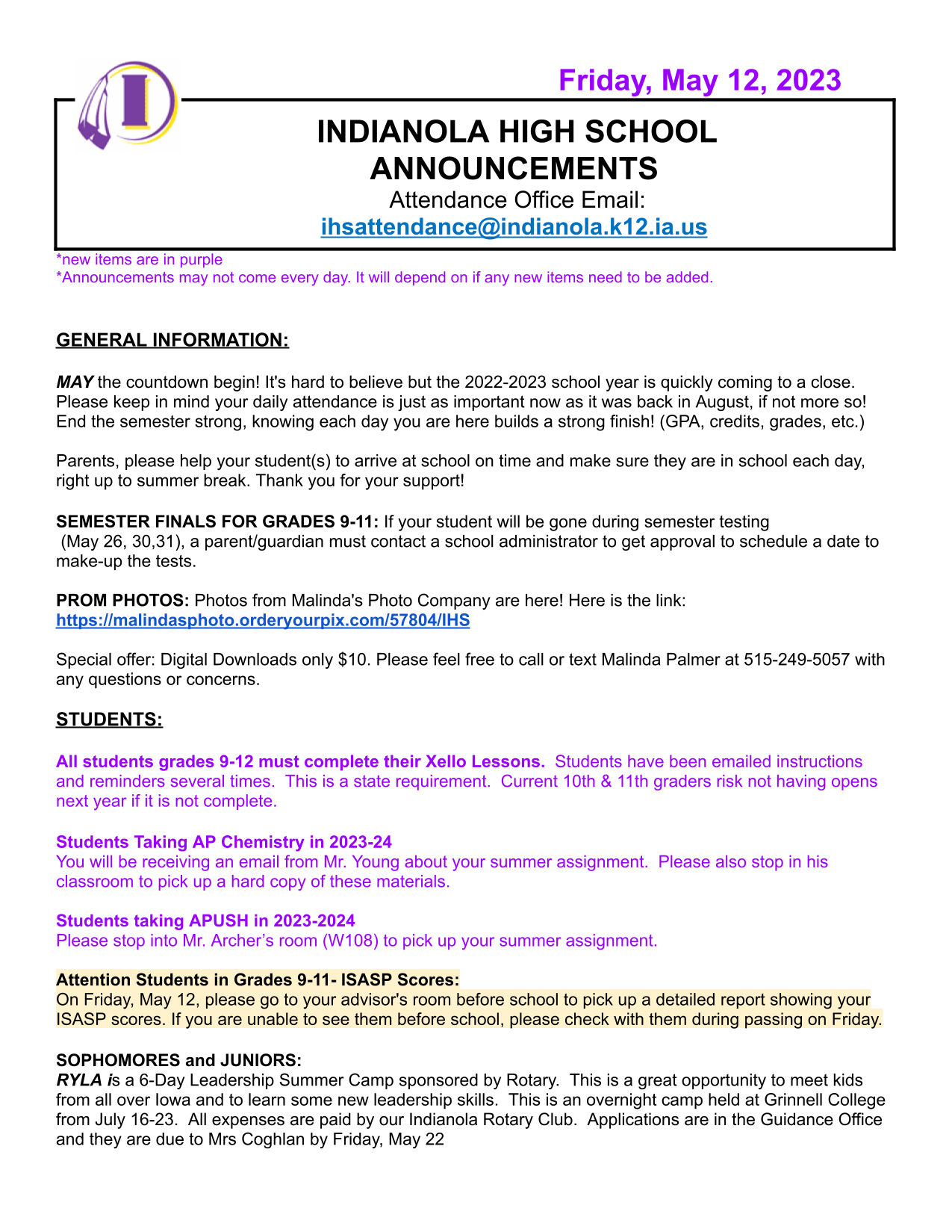 Indianola High School Announcements screenshot