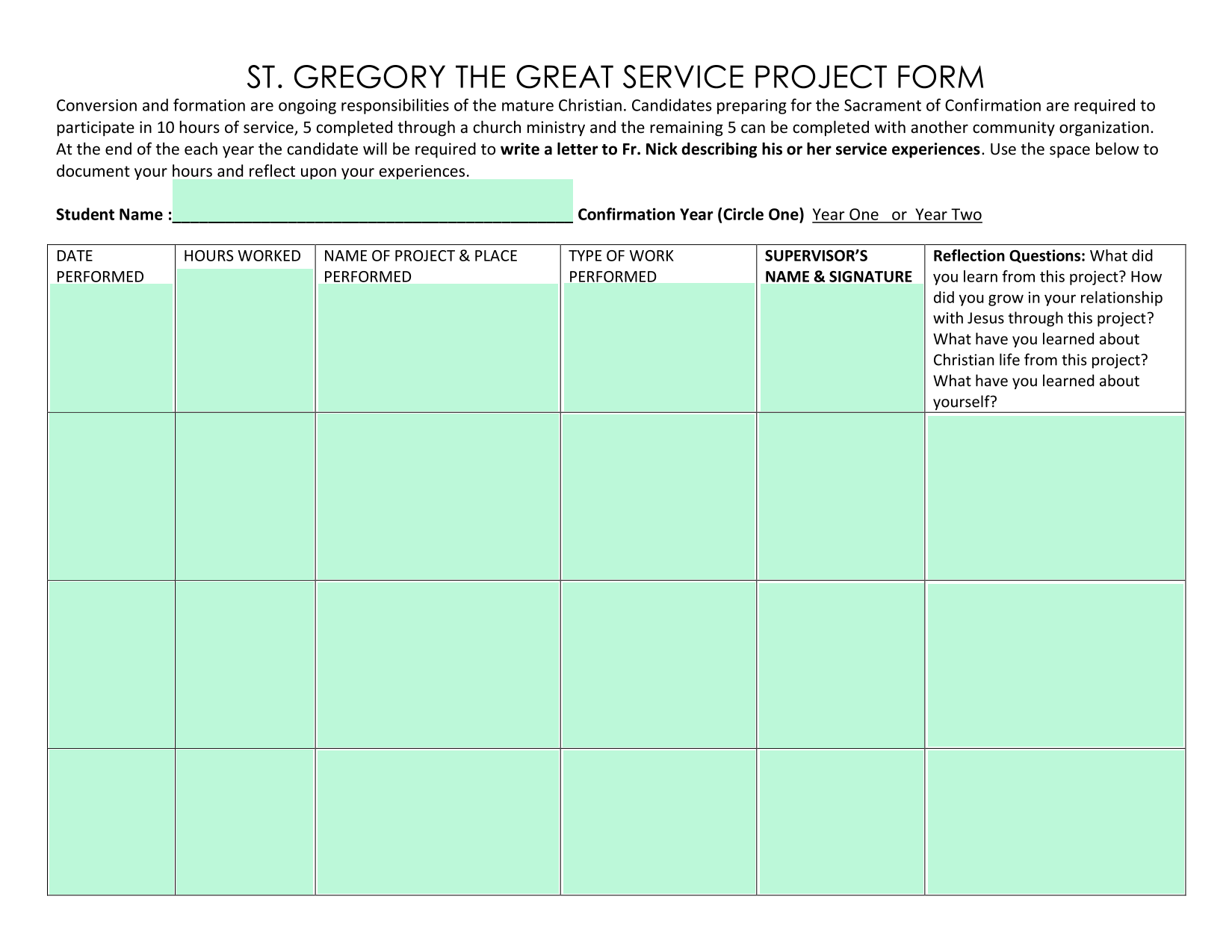 St. Gregory The Great Service Project Form screenshot