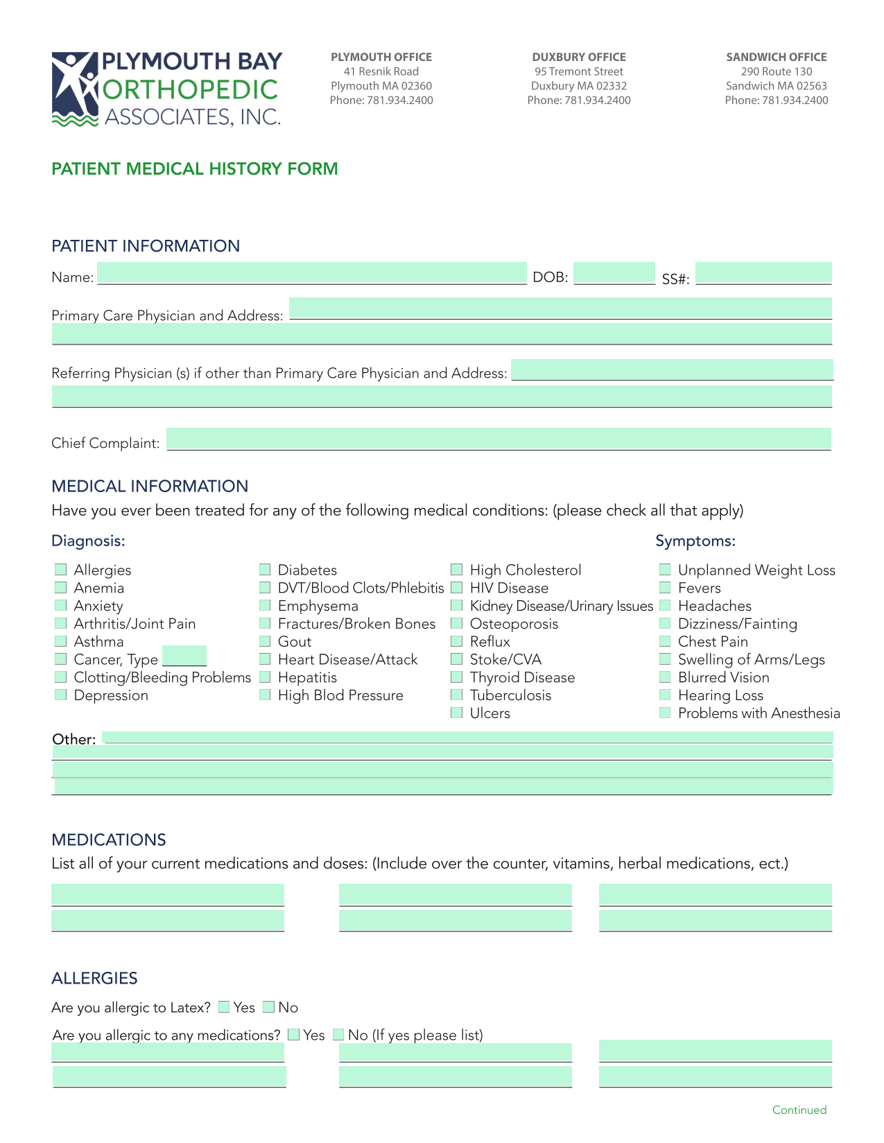PATIENT MEDICAL HISTORY FORM screenshot