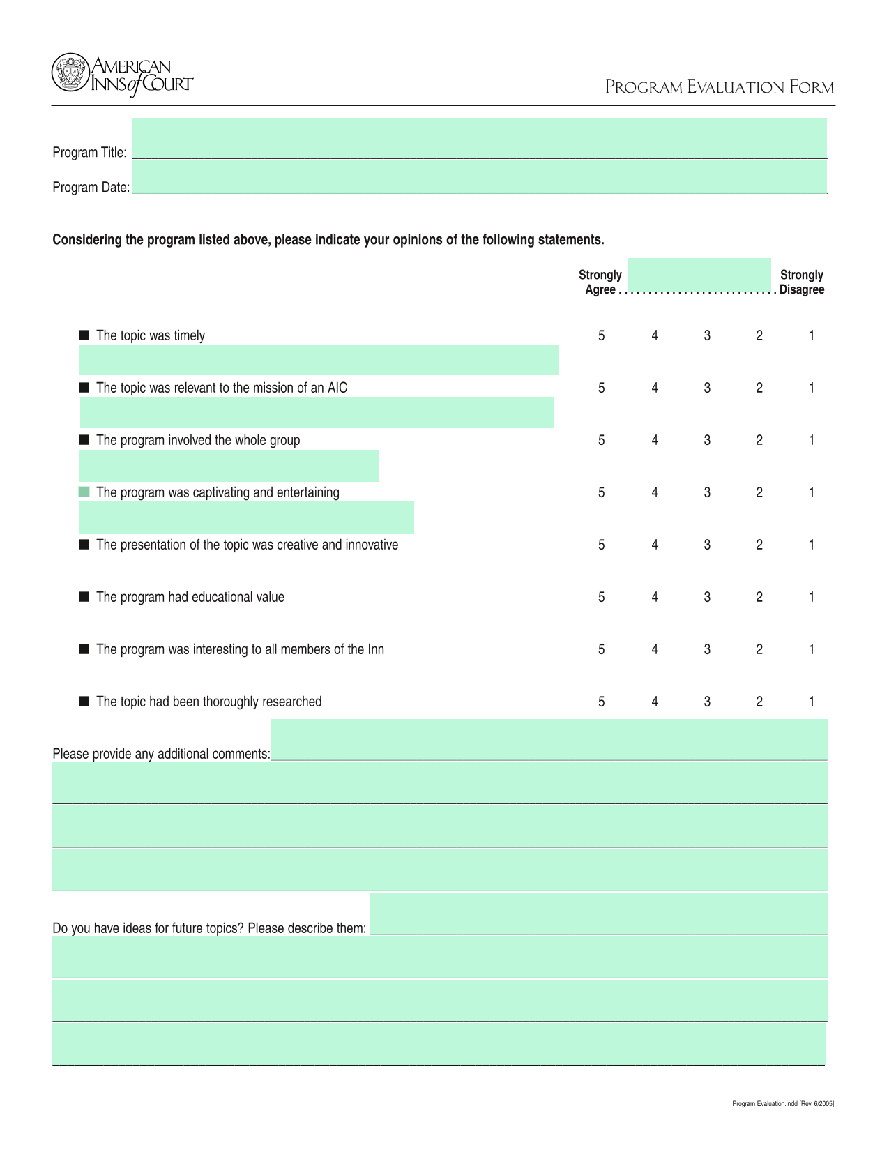 Program Evaluation Form screenshot