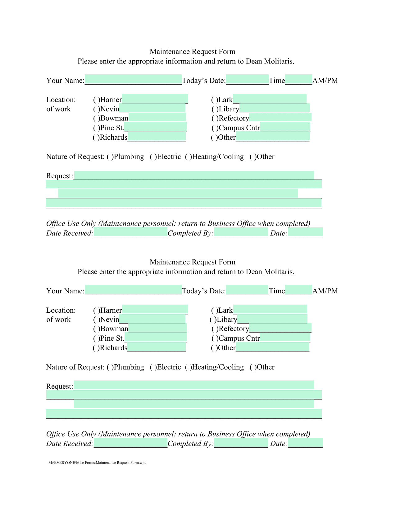 Maintenance Request Form screenshot