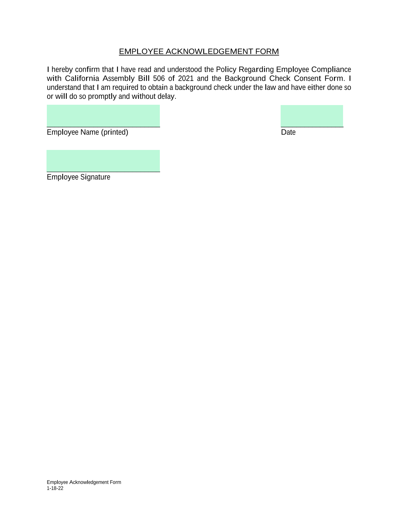 Employee Acknowledgement Form screenshot