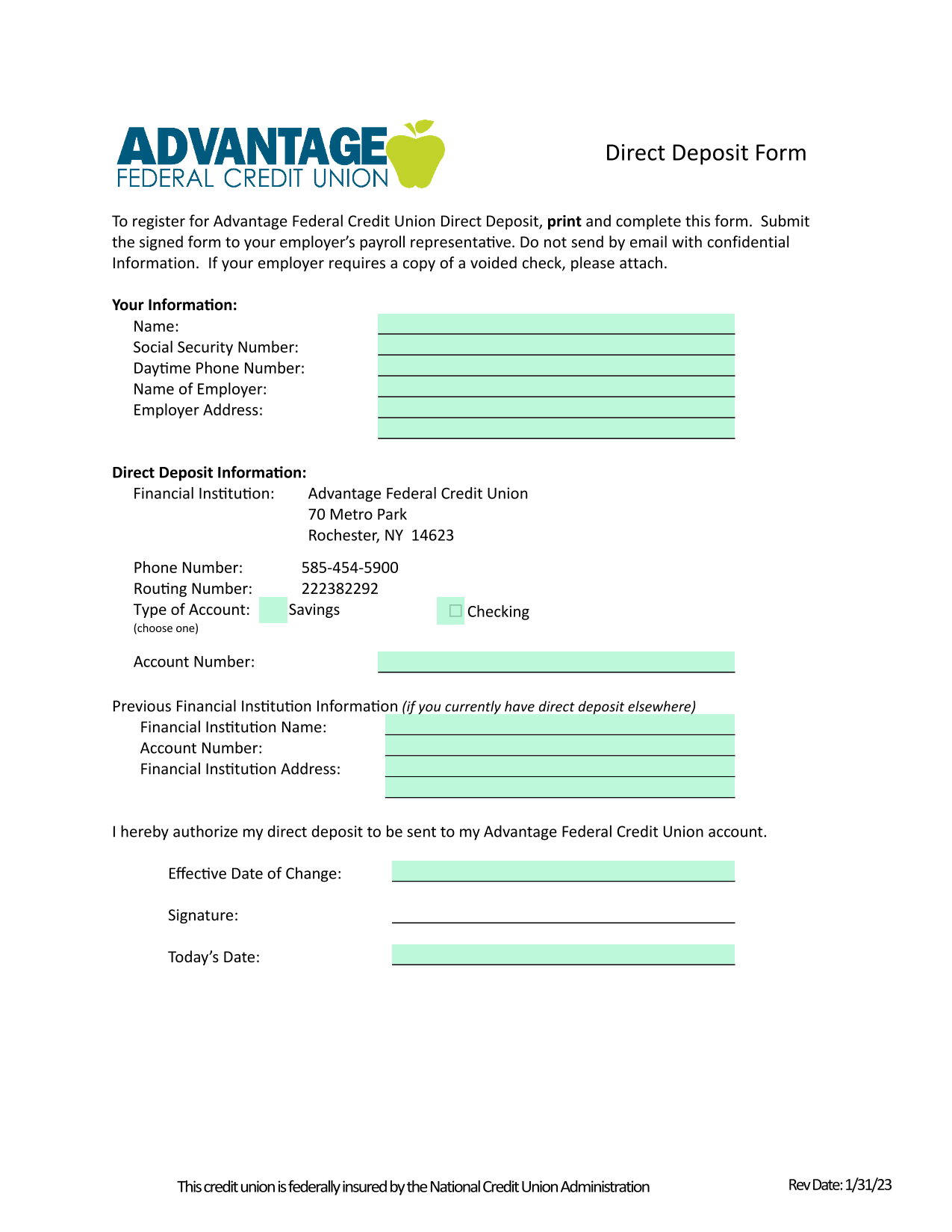 Direct Deposit Form screenshot