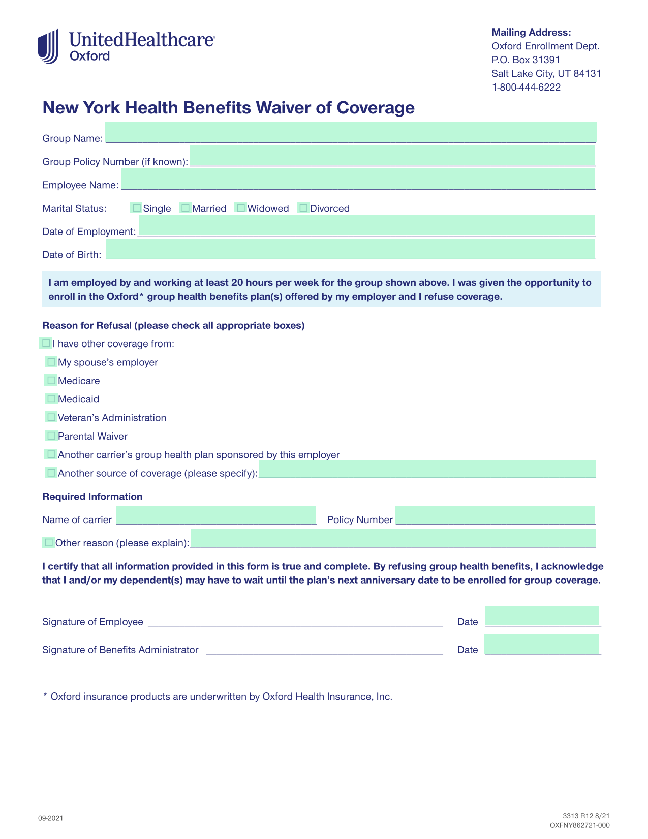 New York Health Benefits Waiver Of Coverage screenshot
