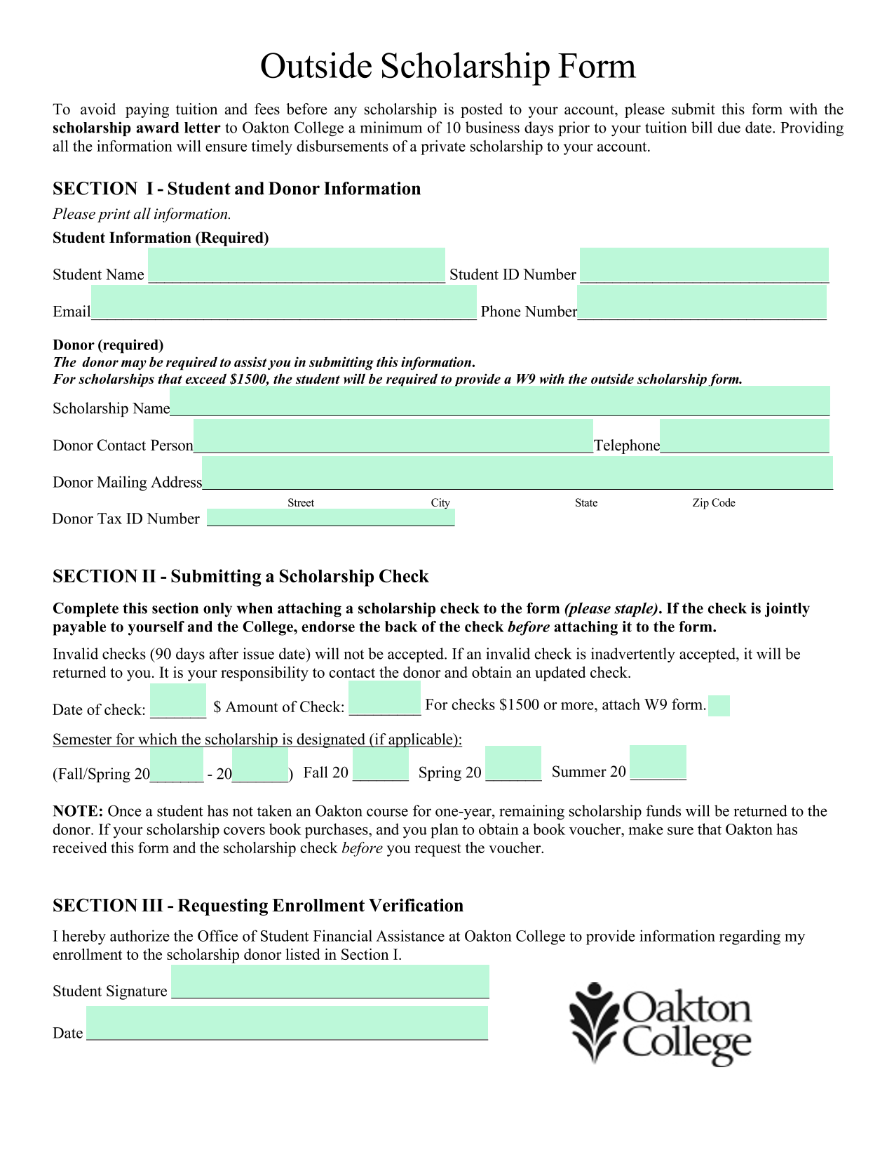 Outside Scholarship Form screenshot