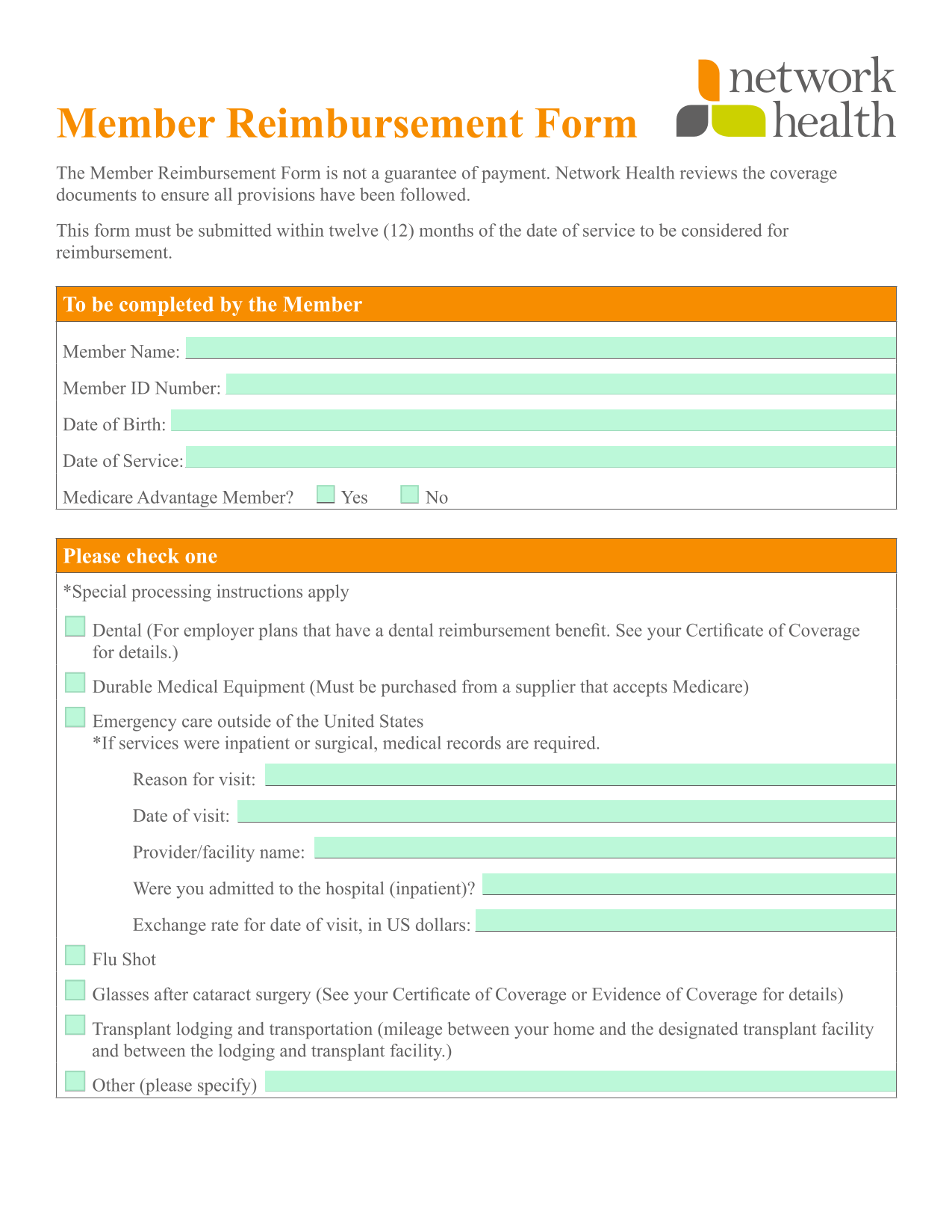 Member Reimbursement Form screenshot