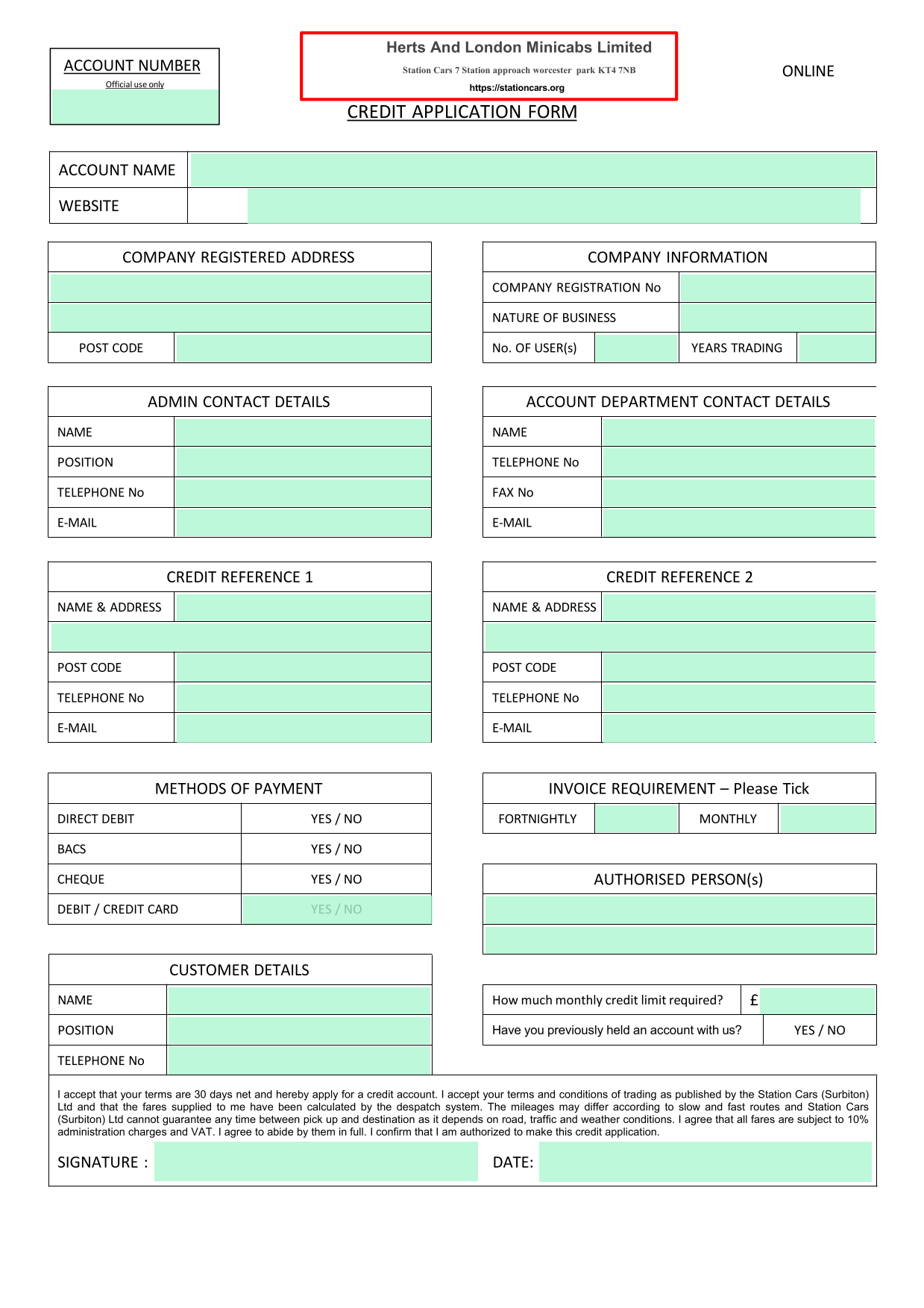 Credit Application Form screenshot