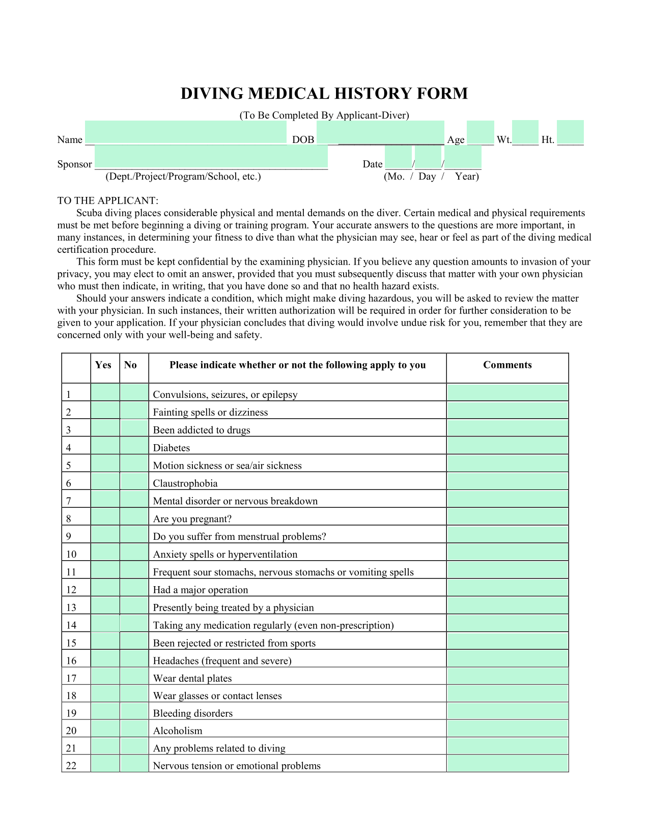 DIVING MEDICAL HISTORY FORM screenshot