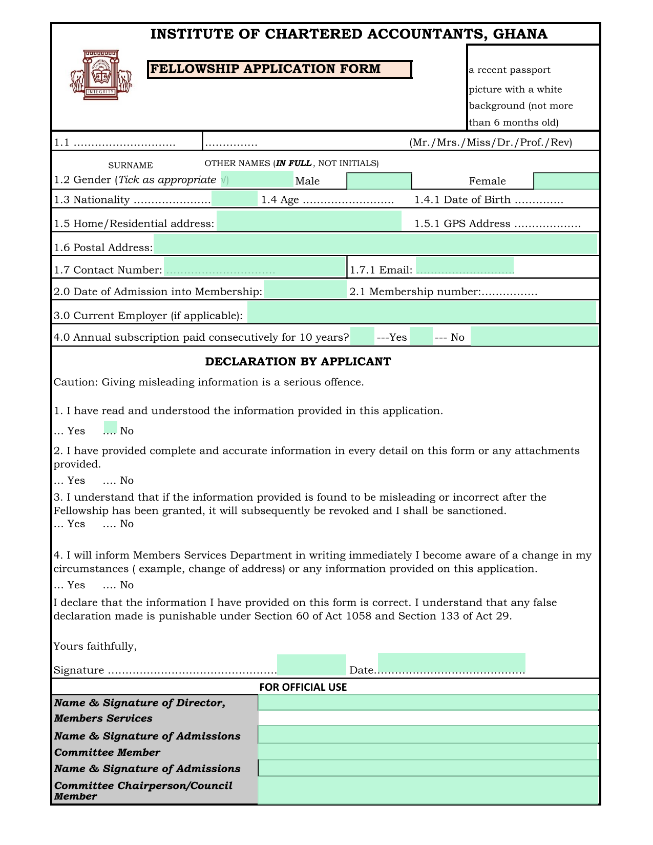 Fellowship Application Form screenshot