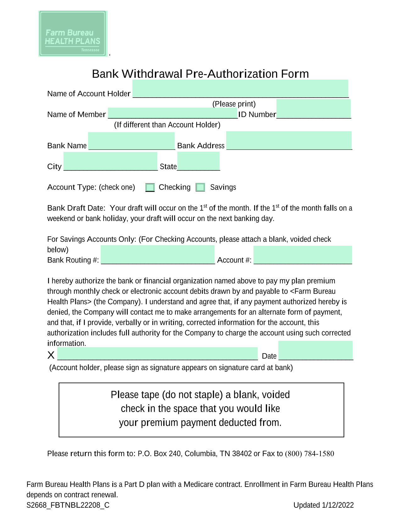Bank Withdrawal Pre Authorization Form screenshot