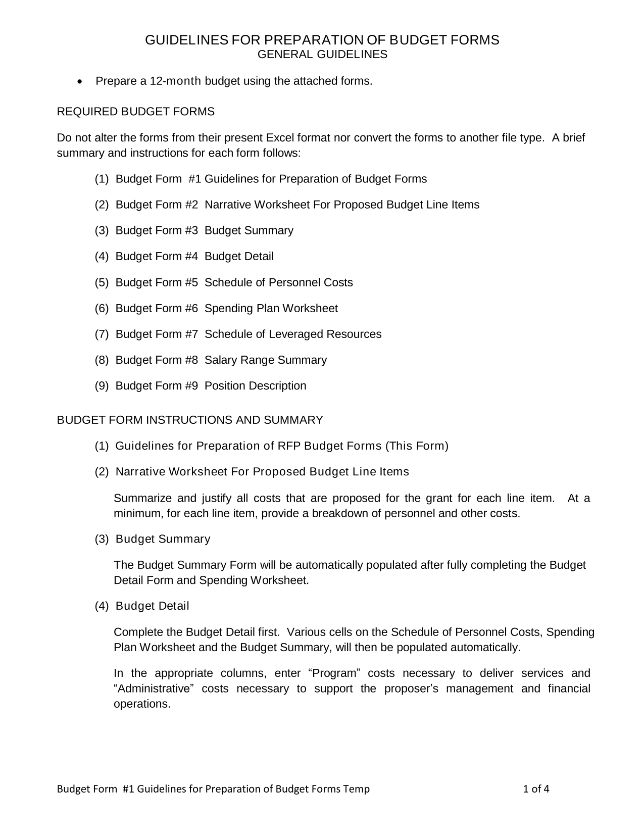 Budget Form 1 Guidelines For Preparation Of Budget Forms screenshot