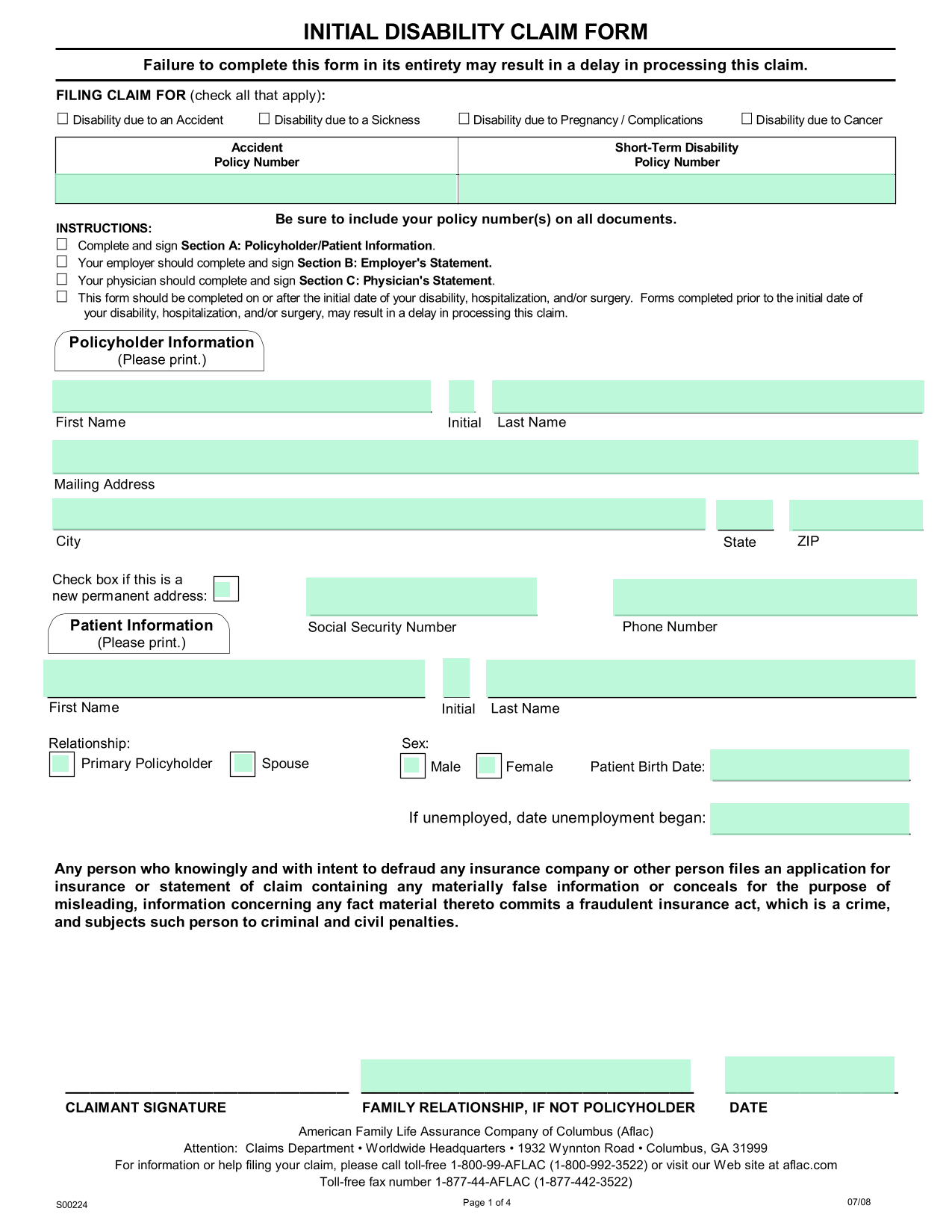 INITIAL DISABILITY CLAIM FORM screenshot