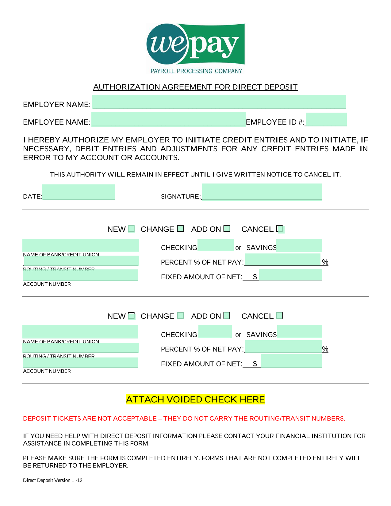 Authorization Agreement For Direct Deposit screenshot