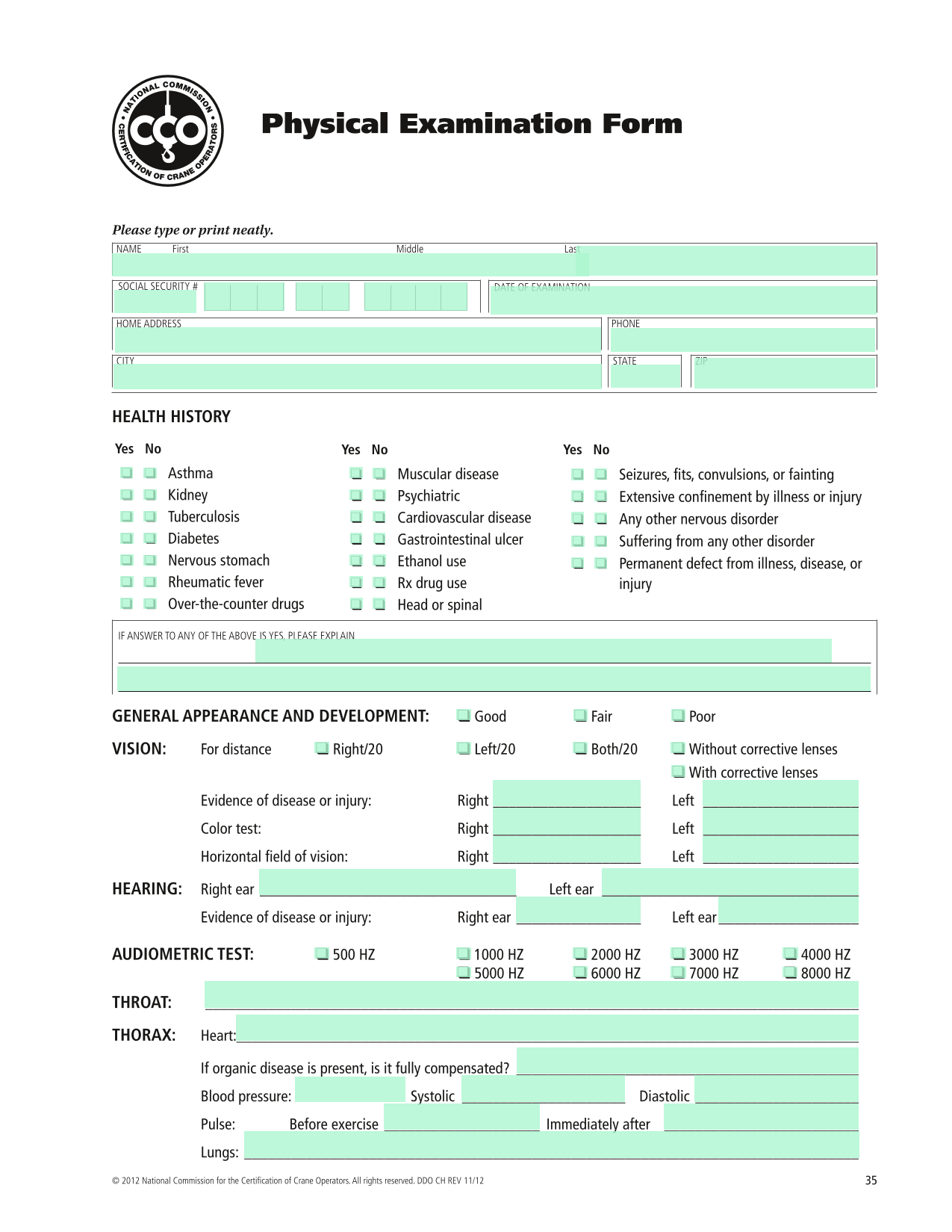 Physical Examination Form screenshot