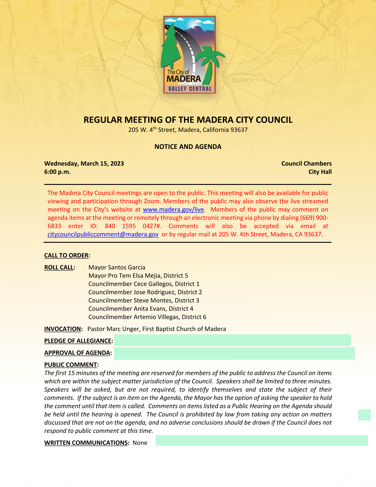 Madera City Council Agenda screenshot