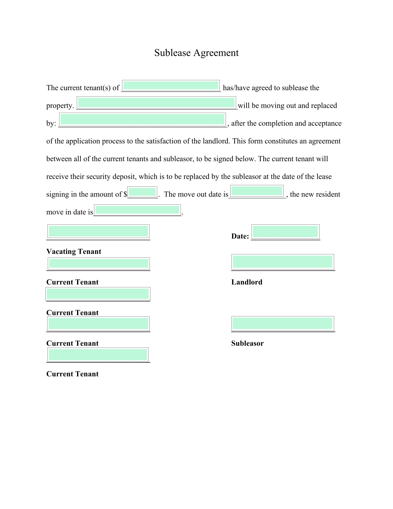 Sublease Agreement screenshot