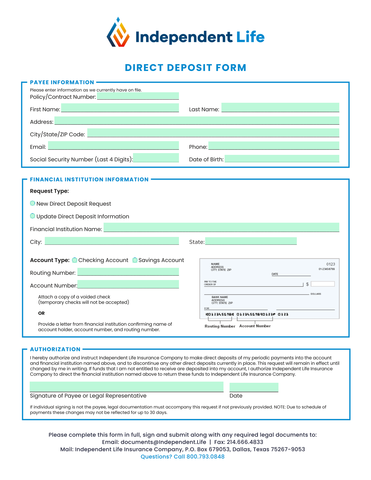 Direct Deposit Form screenshot