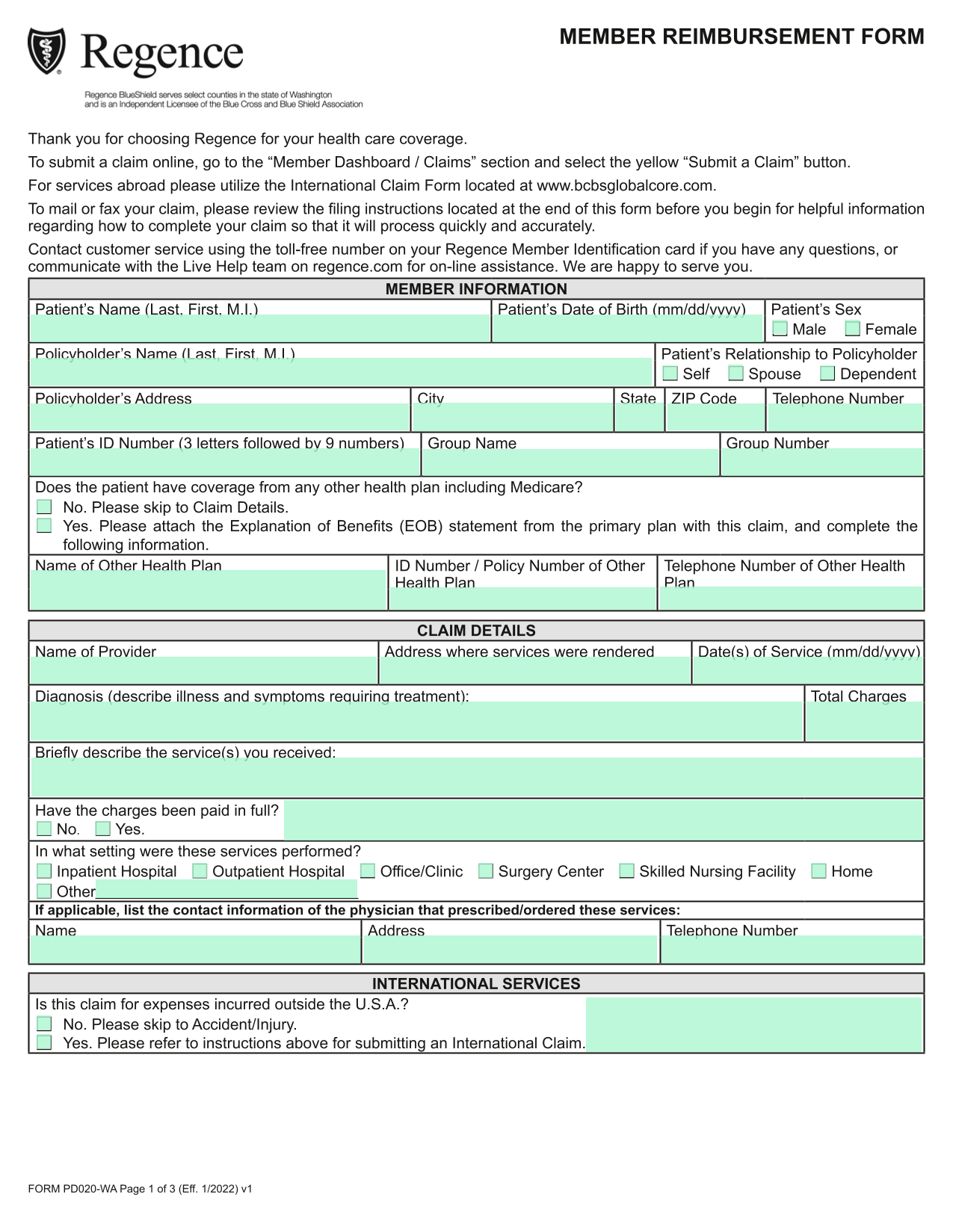 Member Reimbursement Form screenshot