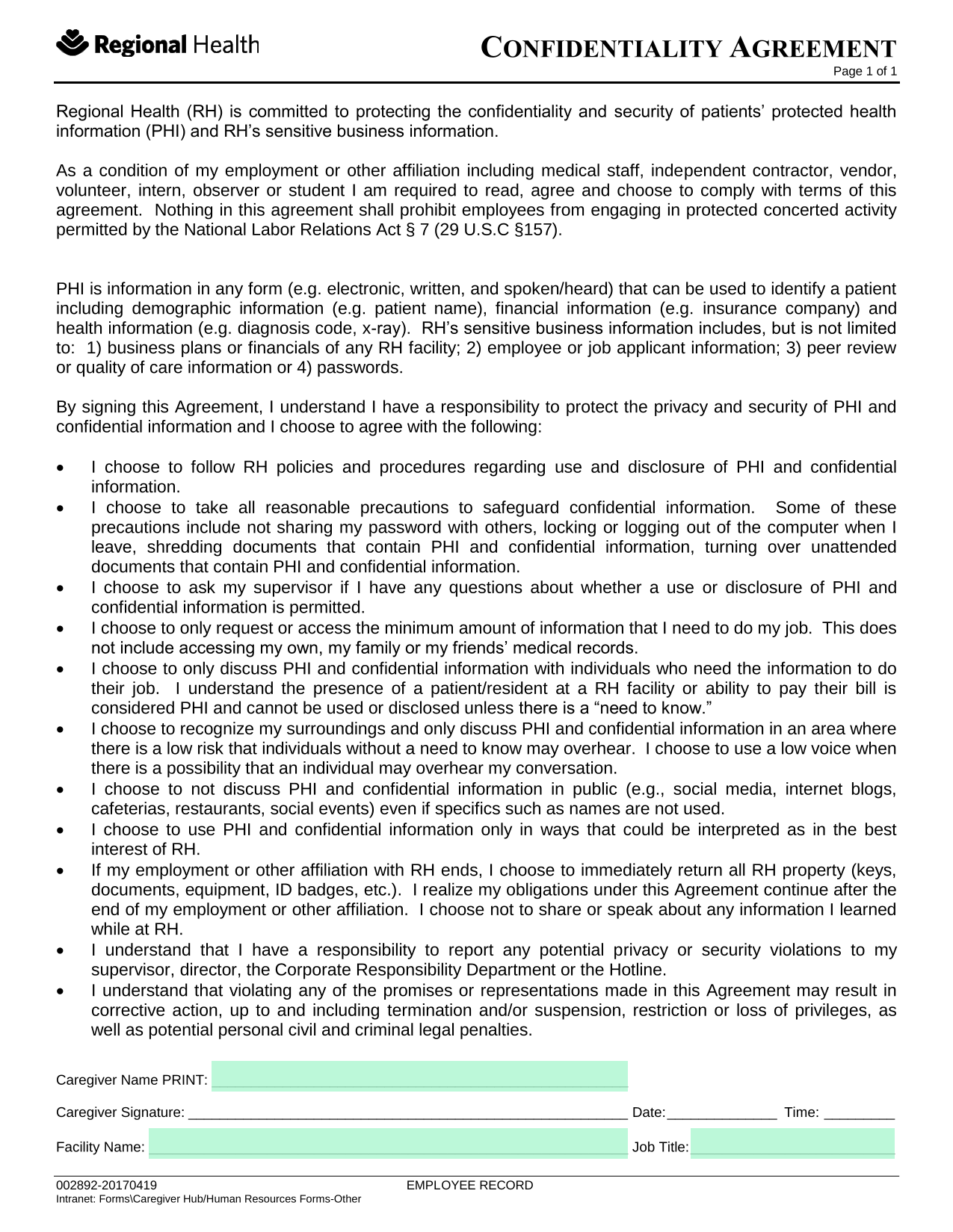 Confidentiality Agreement screenshot