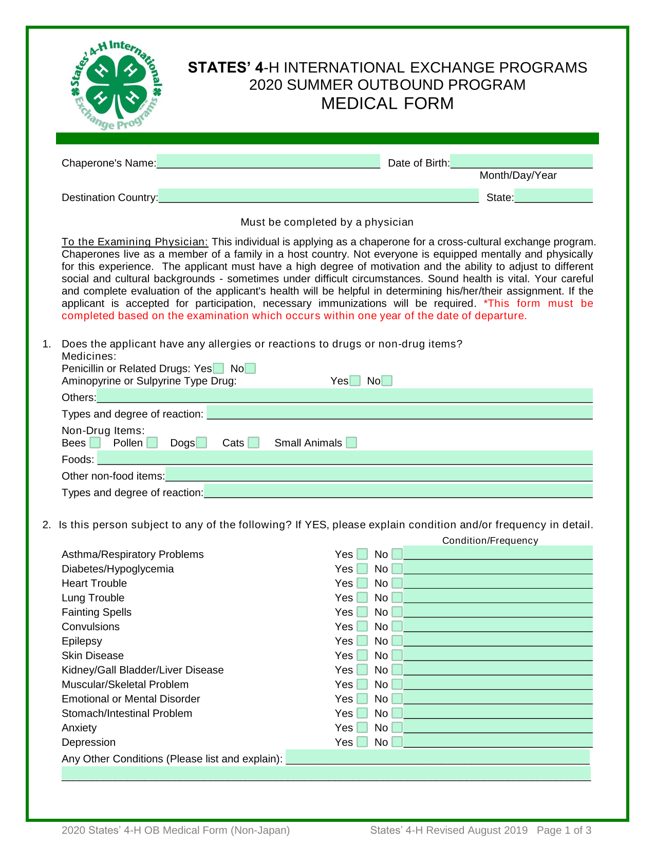 2020 States 4 H OB Medical Form (Non Japan) screenshot