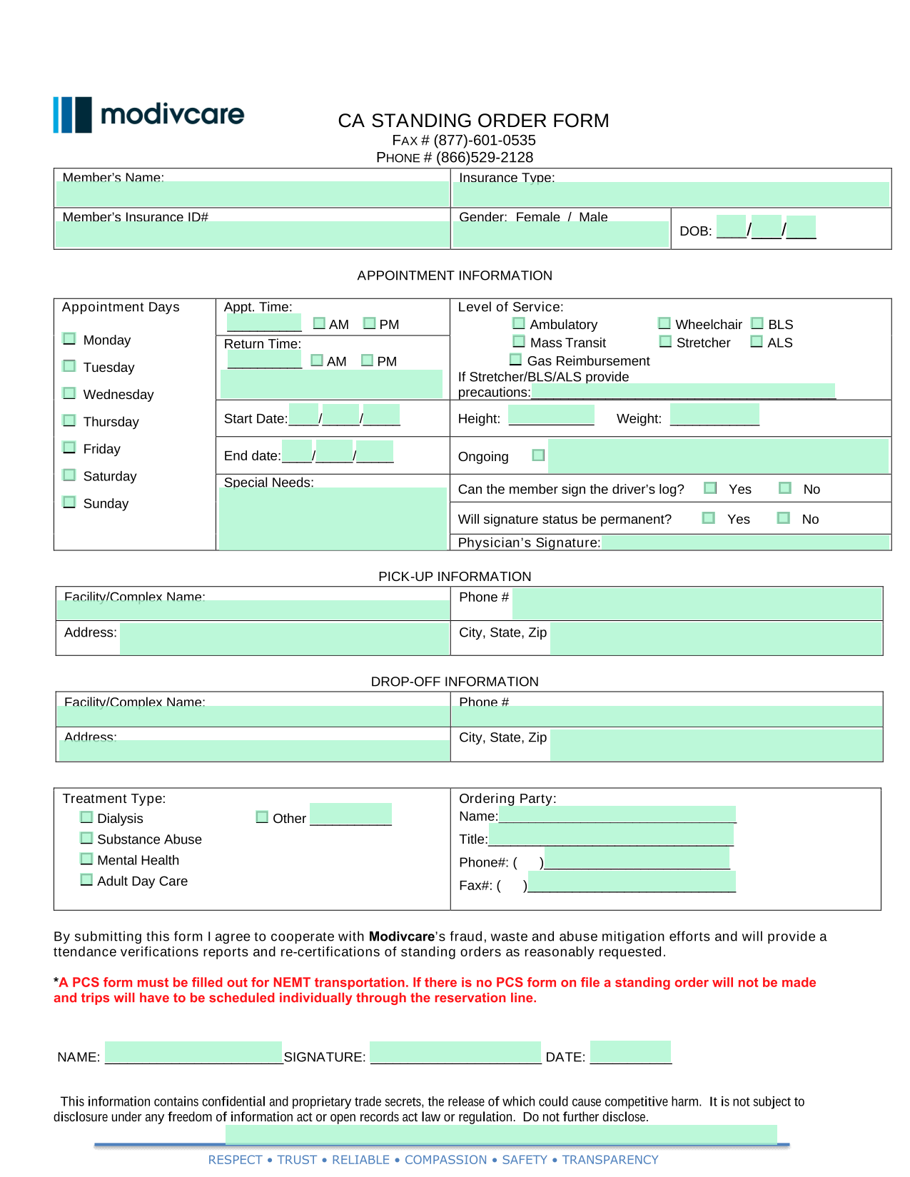 CA Standing Order Form screenshot