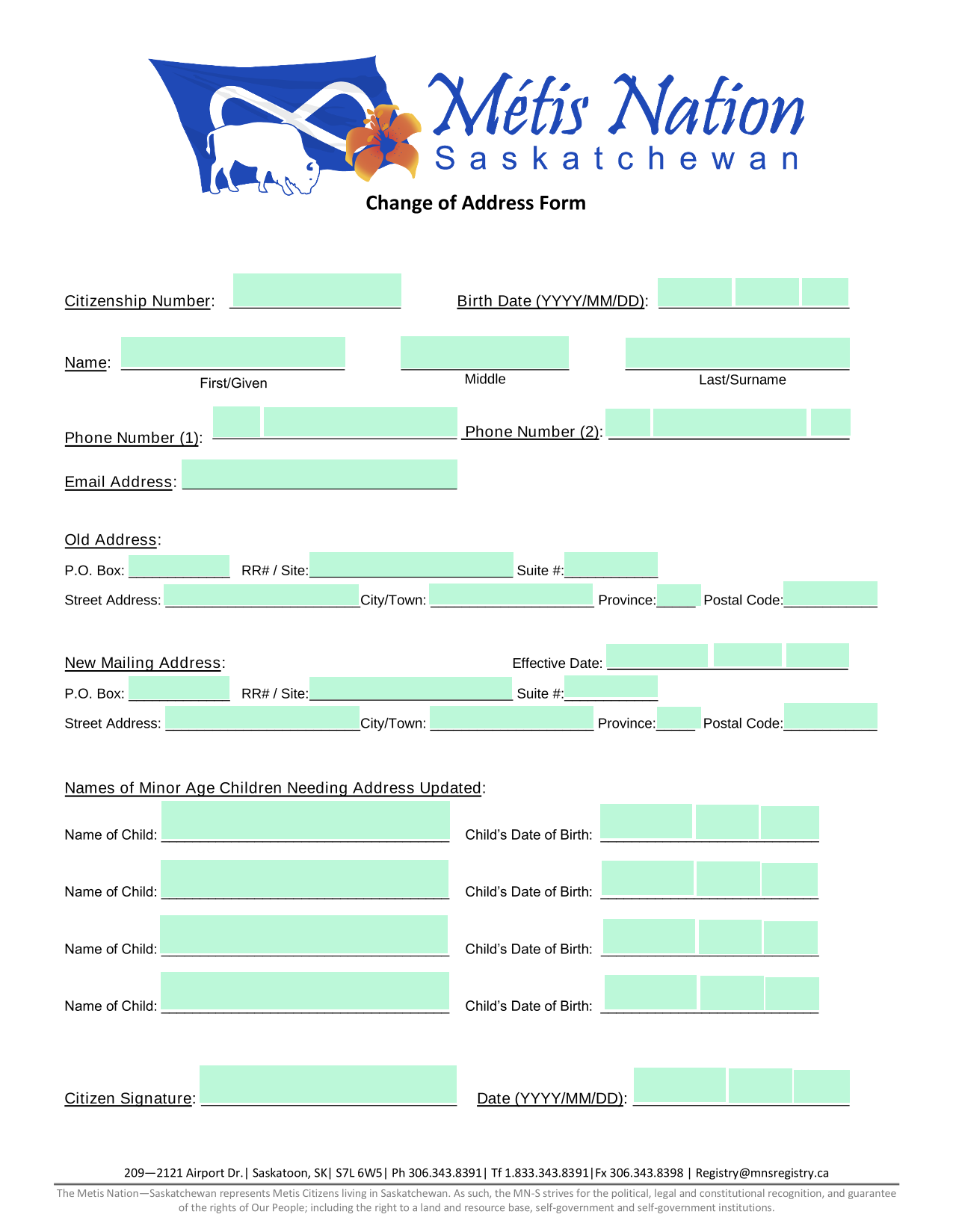 Change Of Address Form screenshot