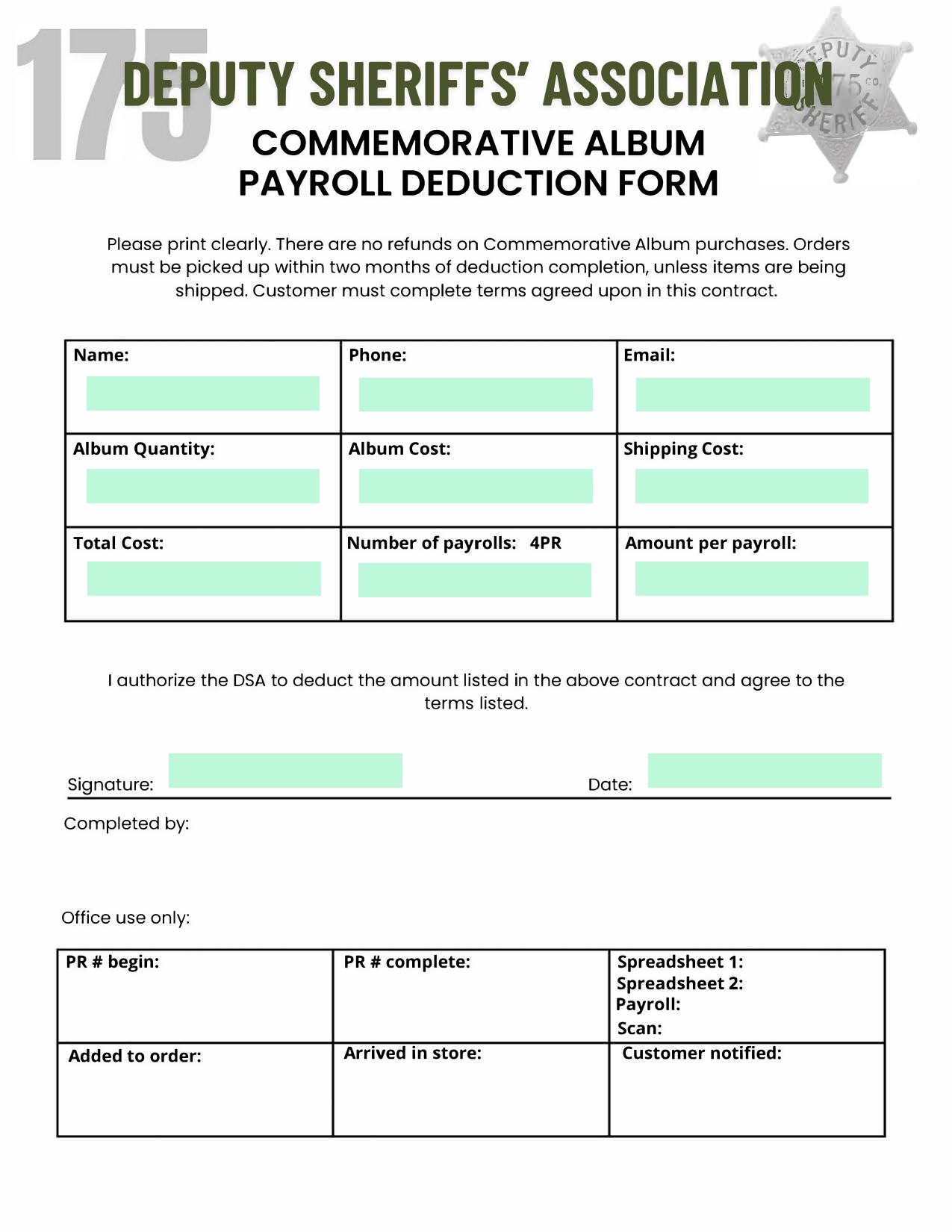 Deputy Sheriffs Association Commemorative Album Payroll Deduction Form screenshot