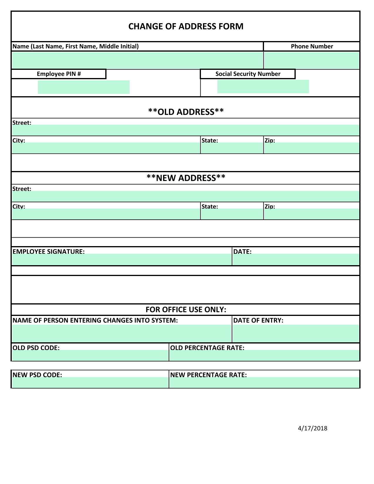 Change Of Address Form screenshot