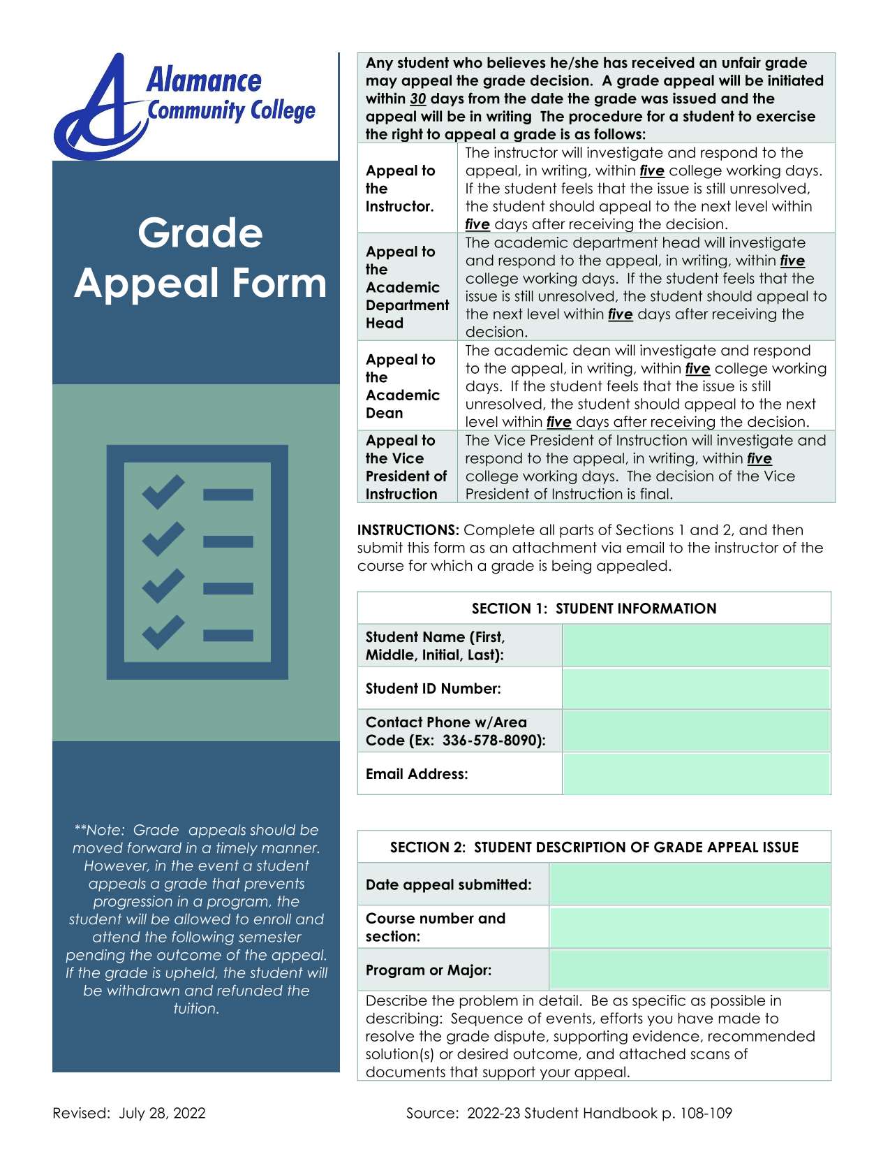 Grade Appeal Form screenshot