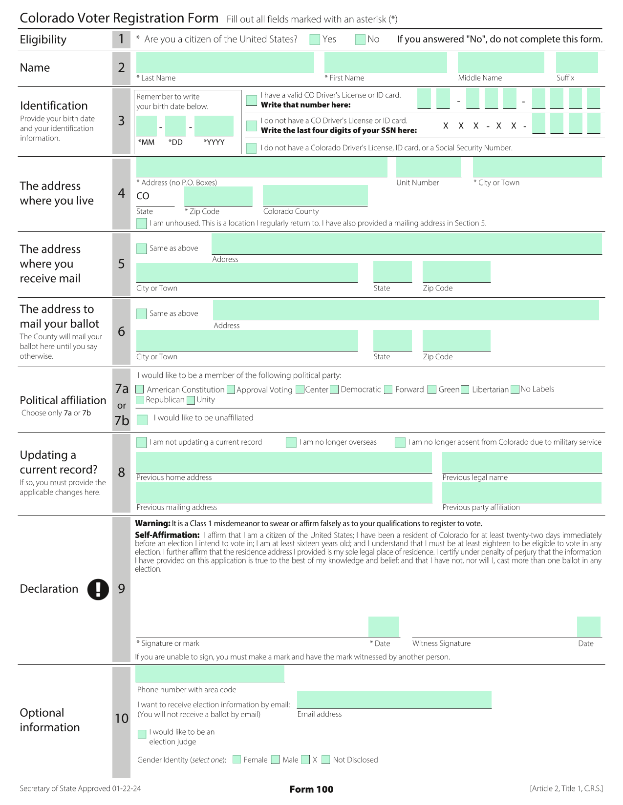 Colorado Voter Registration Form screenshot
