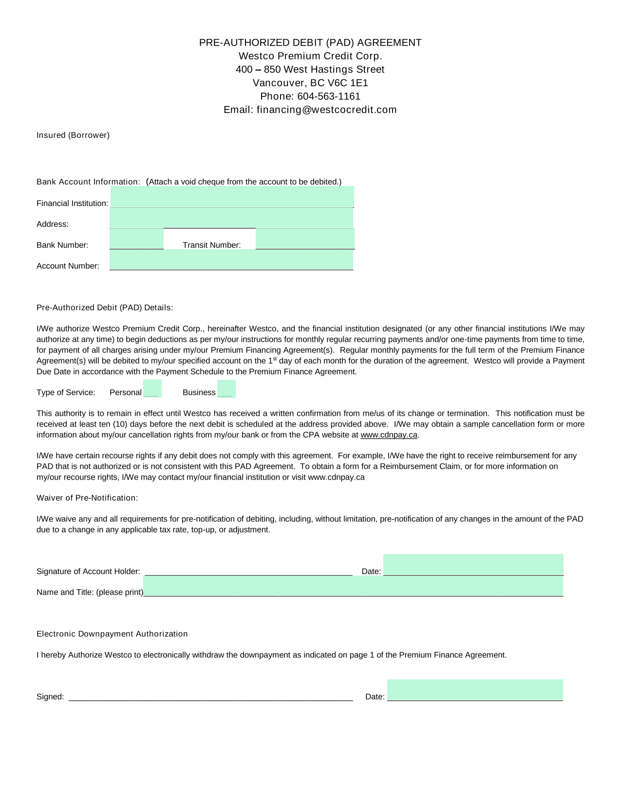 Pre Authorized Debit (PAD) Agreement screenshot