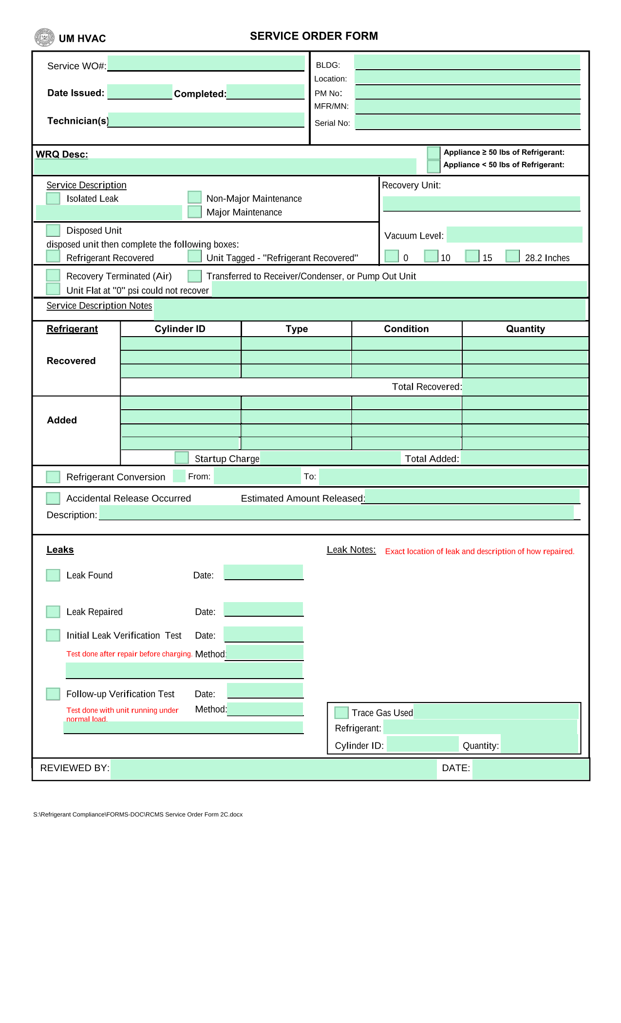 SERVICE ORDER FORM screenshot