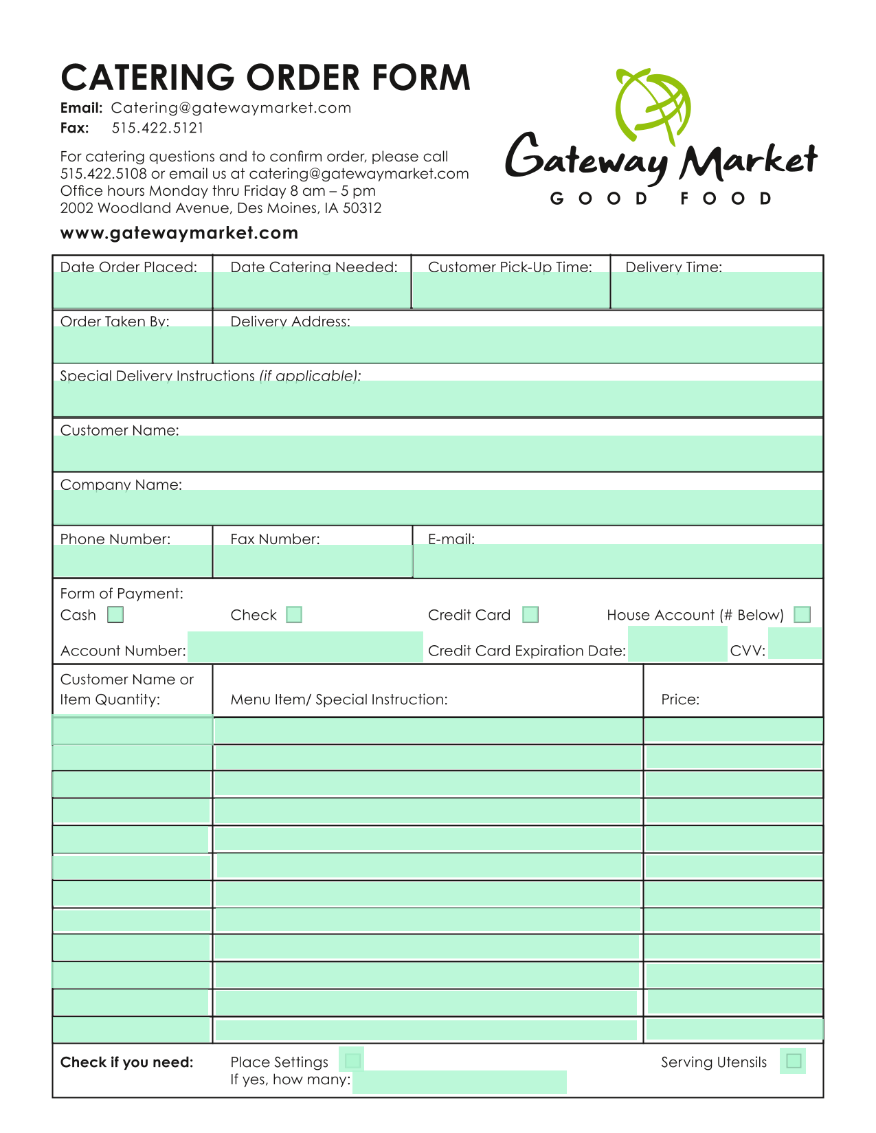 CATERING ORDER FORM screenshot