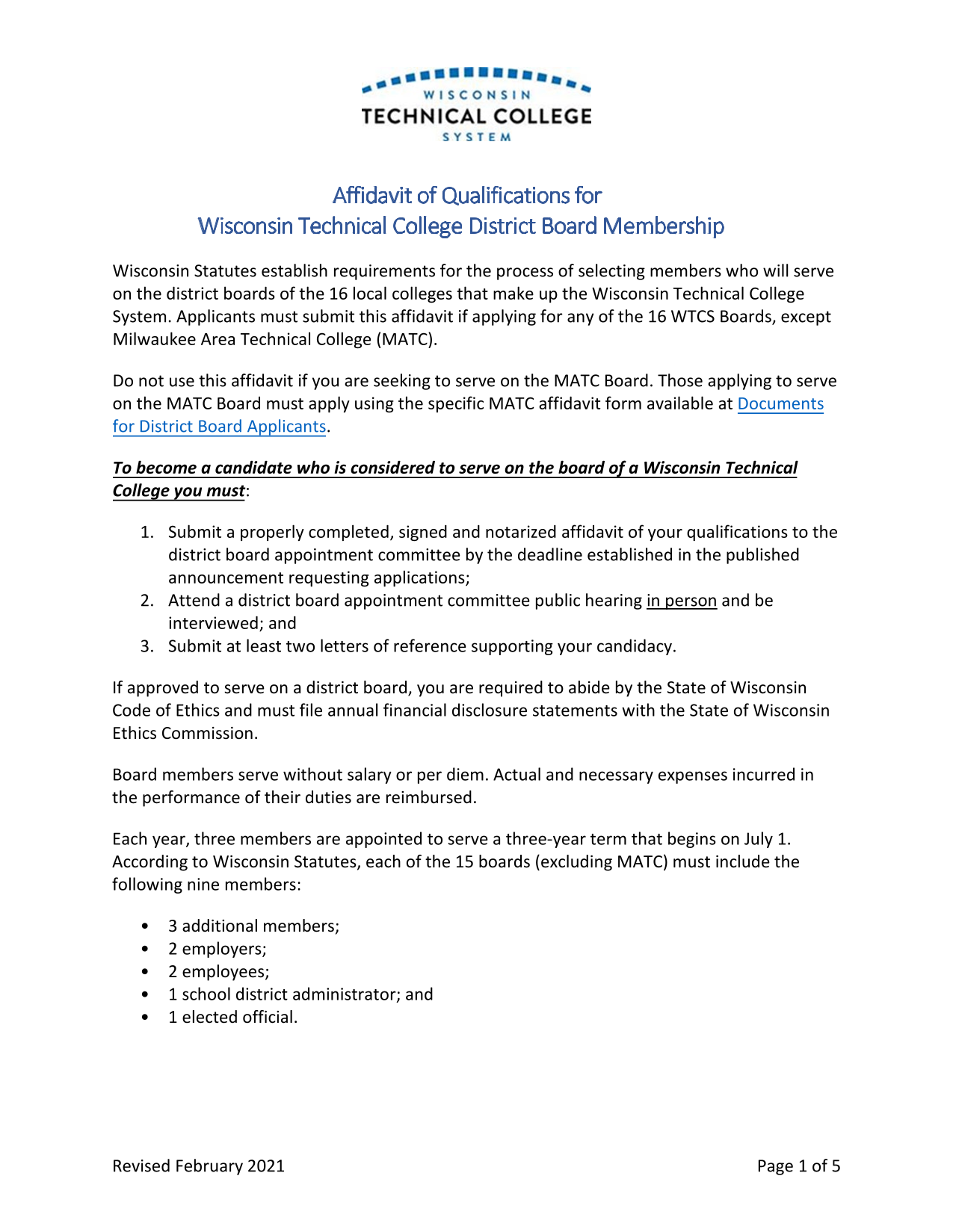 Affidavit Of Qualifications For Wisconsin Technical College District Board Membership screenshot