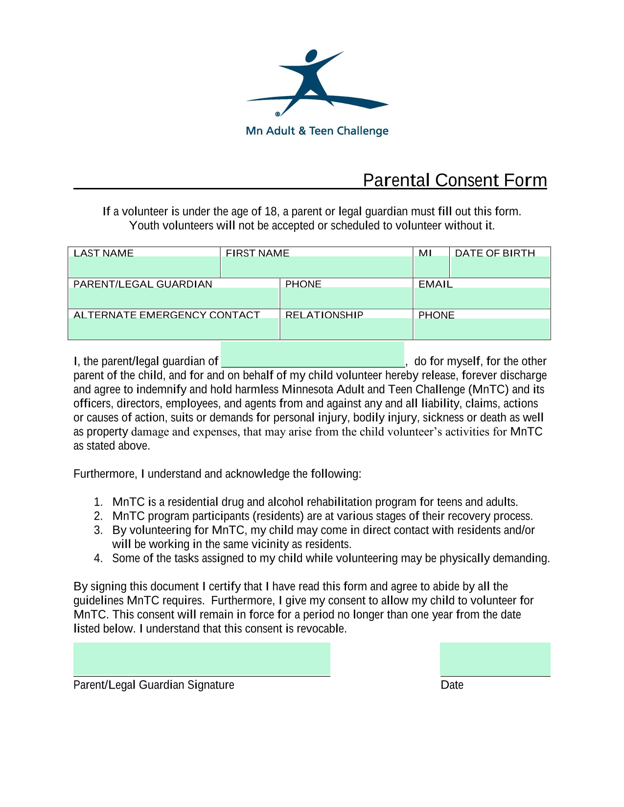 Parental Consent Form screenshot