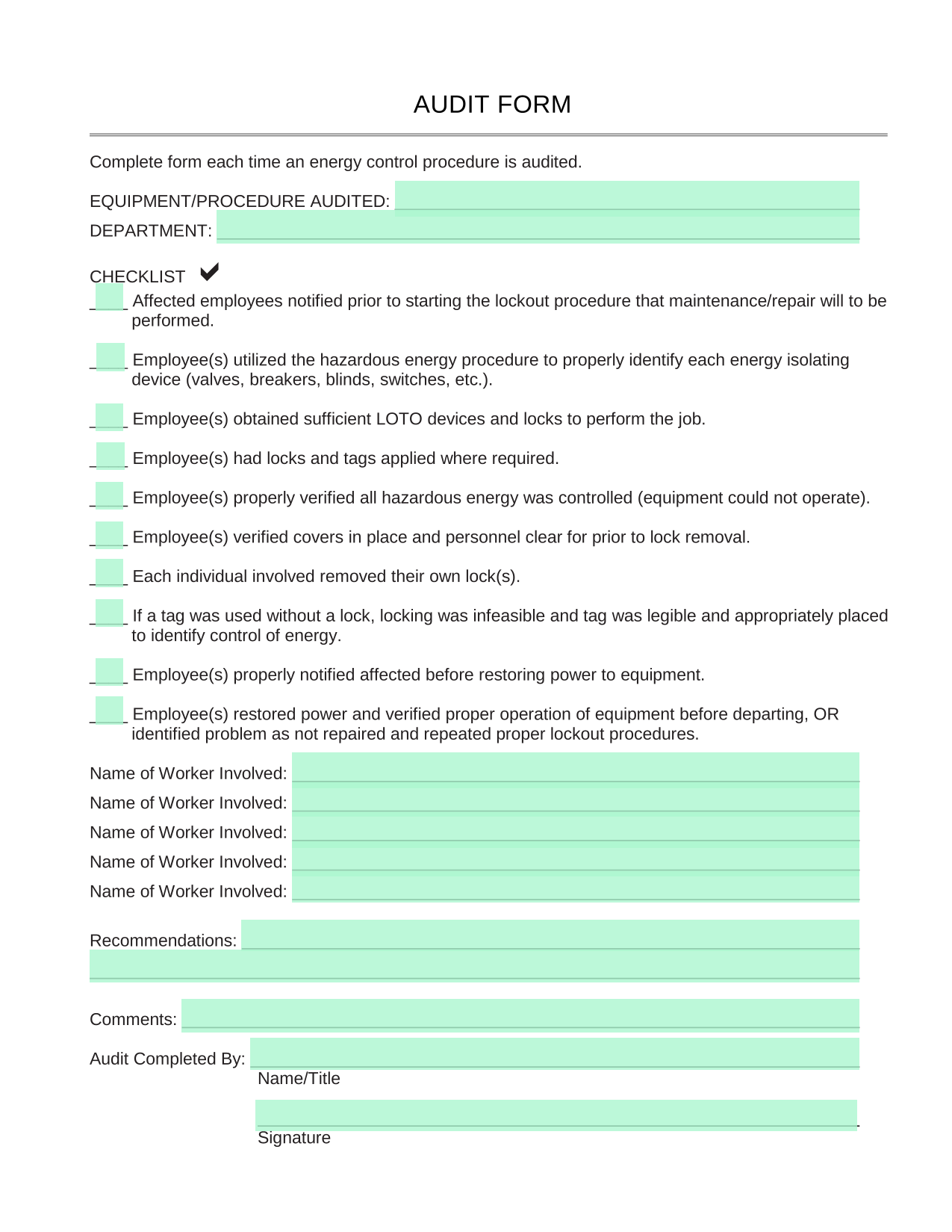 AUDIT FORM screenshot