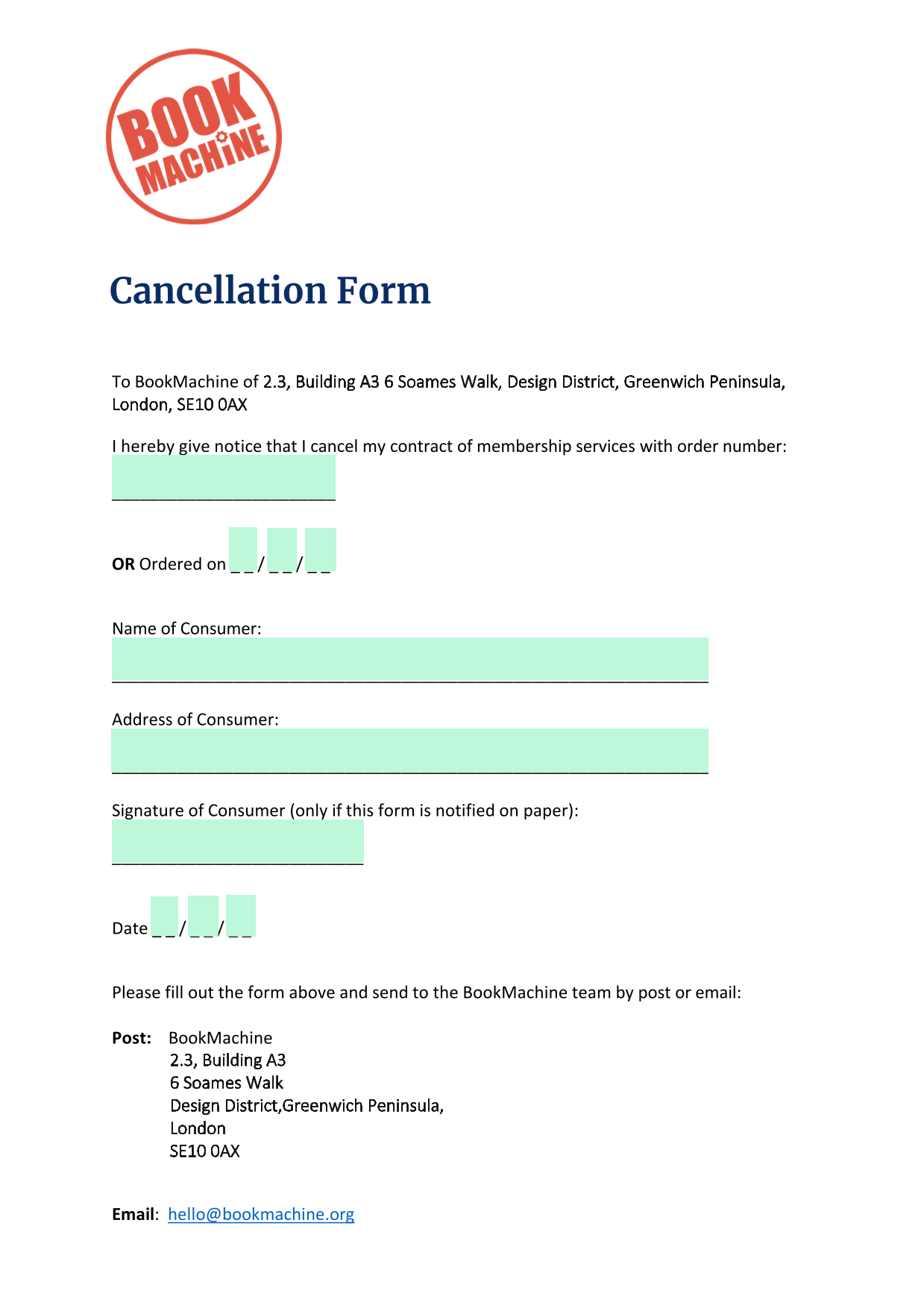 Cancellation Form screenshot