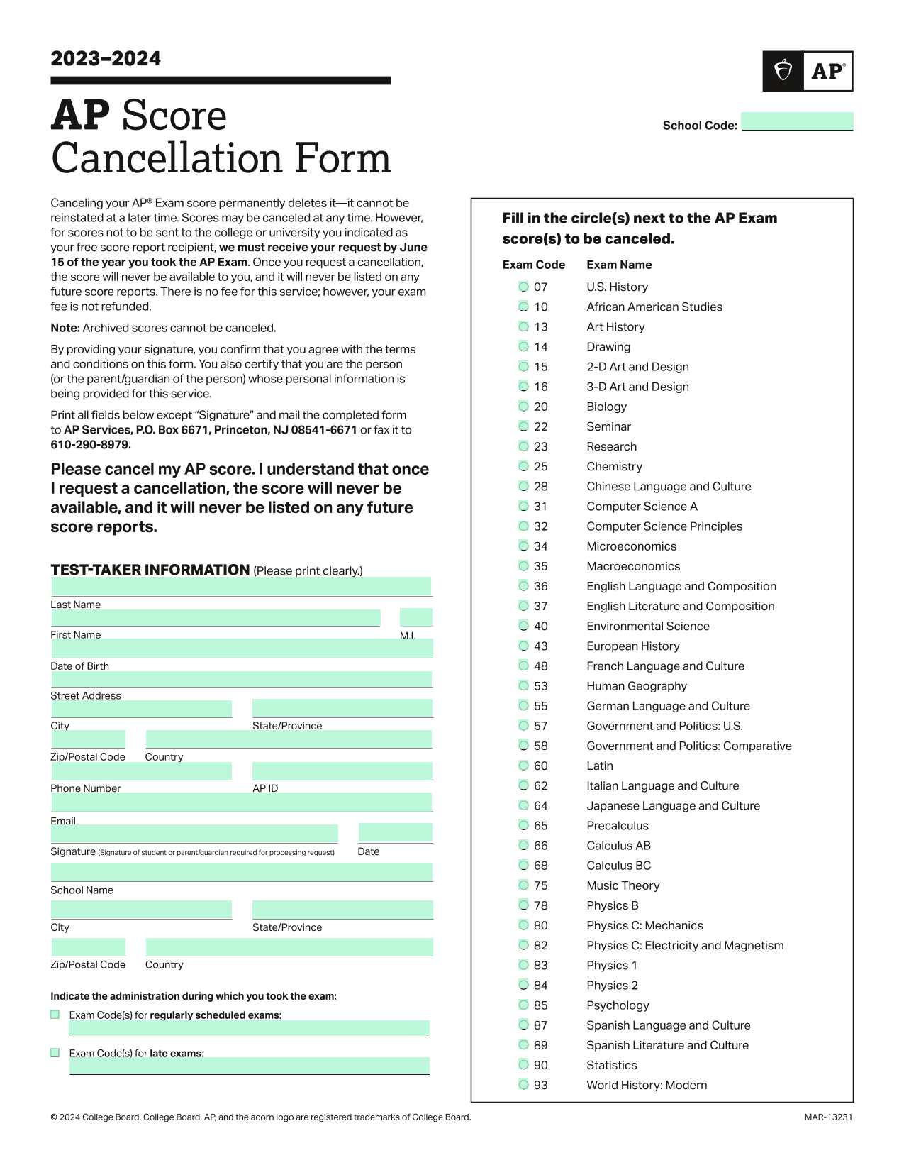 20232024 AP Score Cancellation Form screenshot