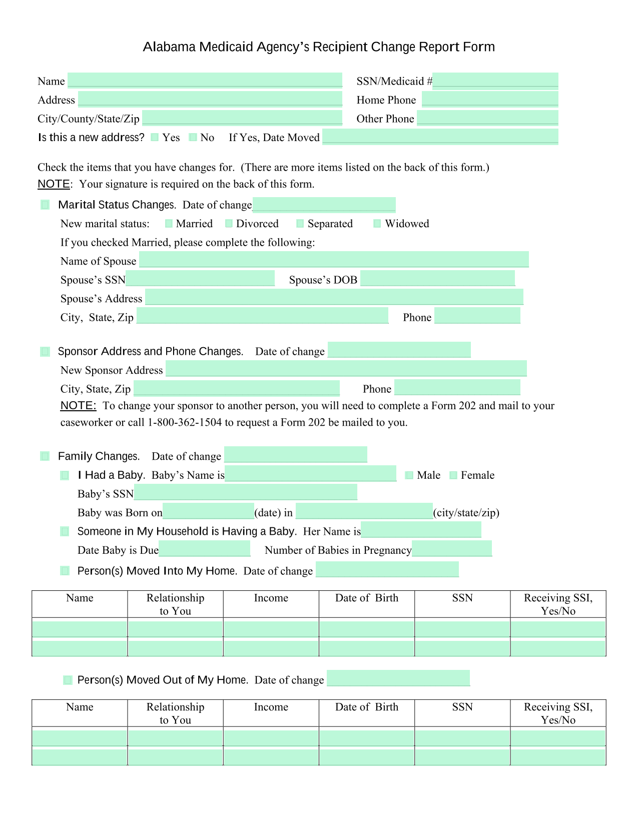 Alabama Medicaid AgencyS Recipient Change Report Form screenshot