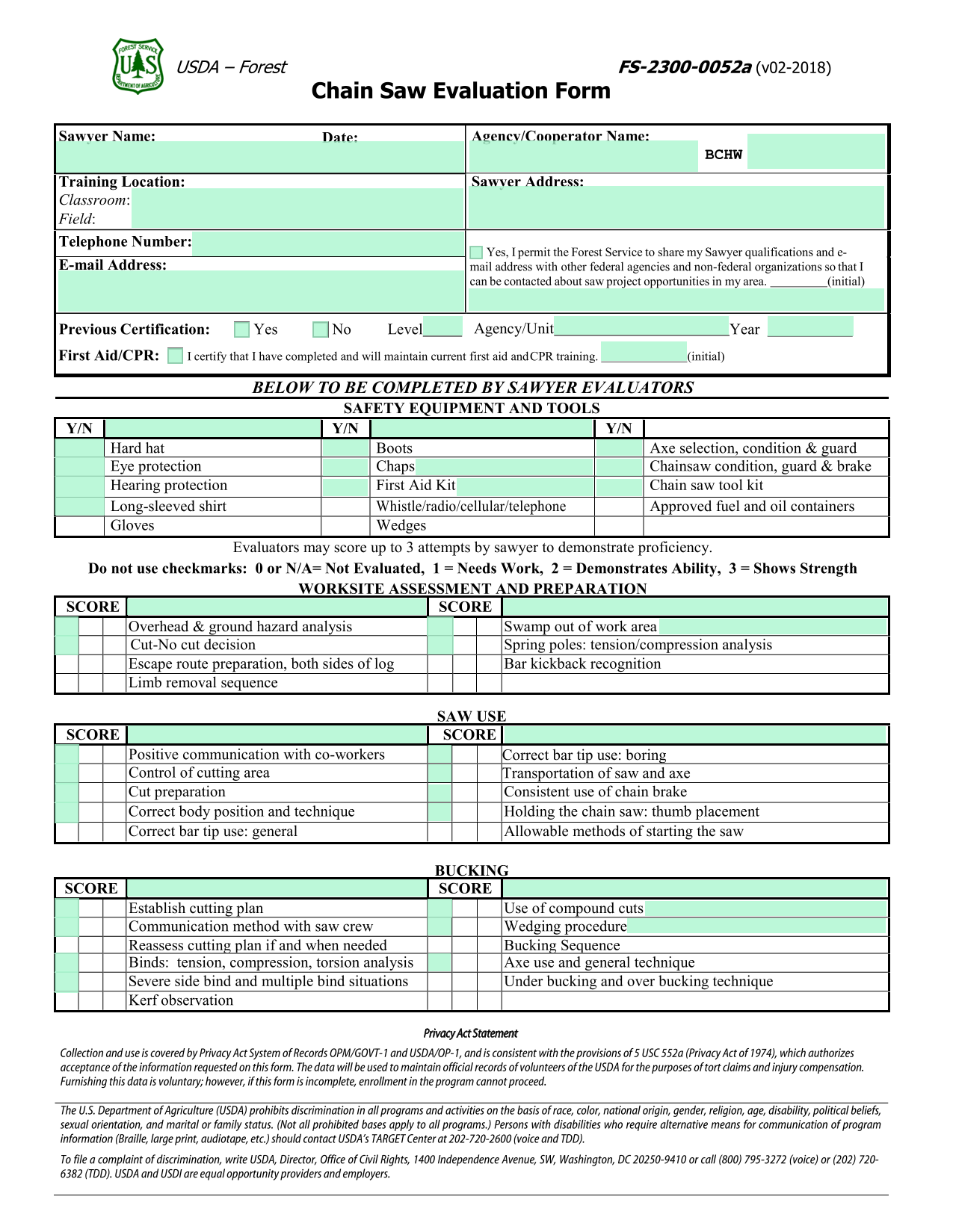 Chain Saw Evaluation Form screenshot