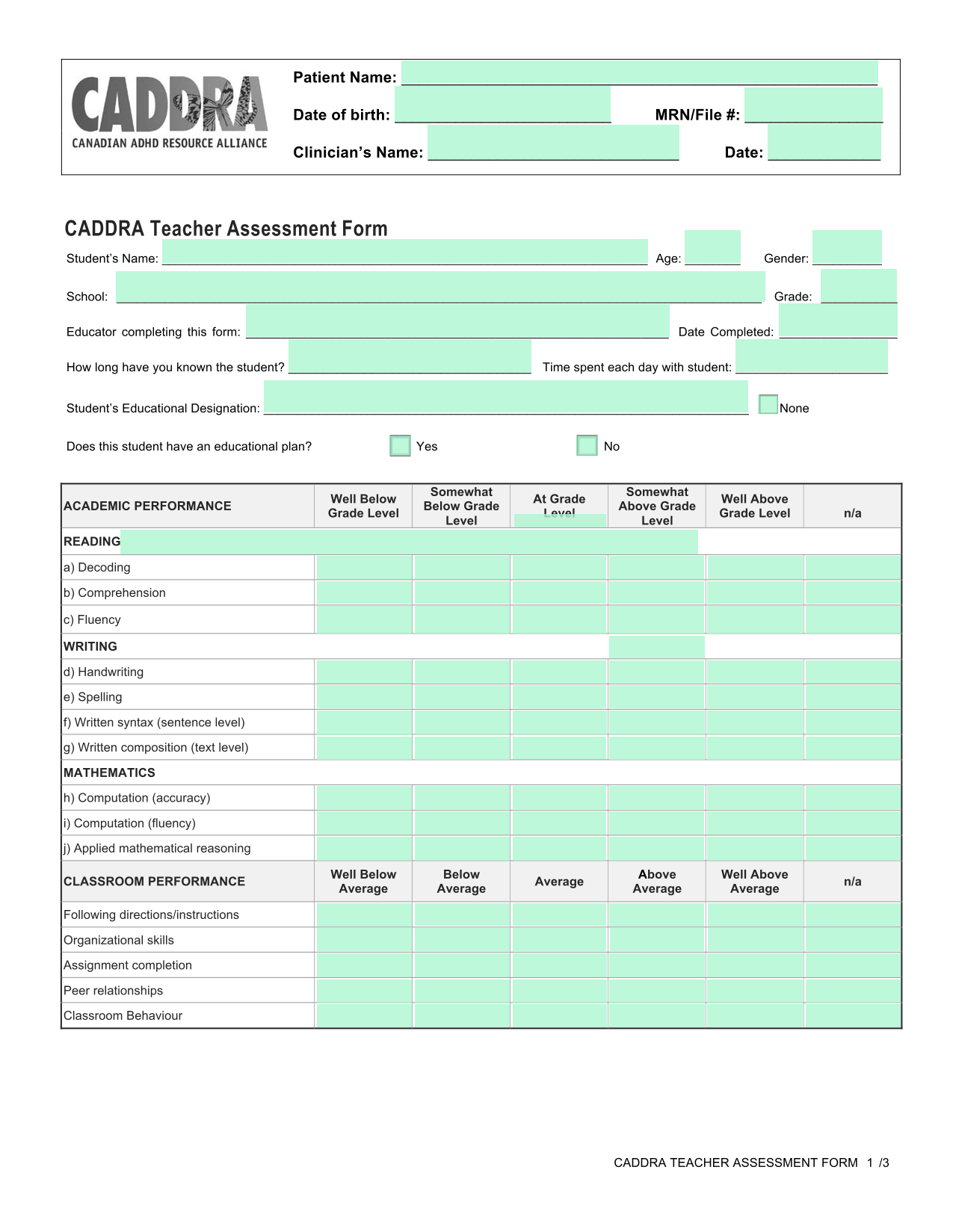 CADDRA Teacher Assessment Form screenshot