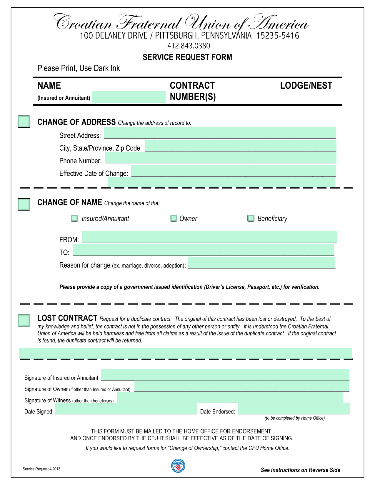 Service Request Form screenshot