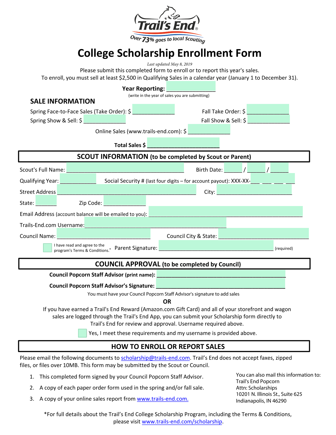 College Scholarship Enrollment Form screenshot