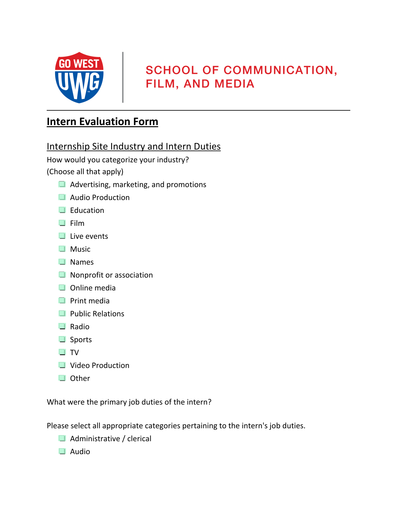 Intern Evaluation Form screenshot