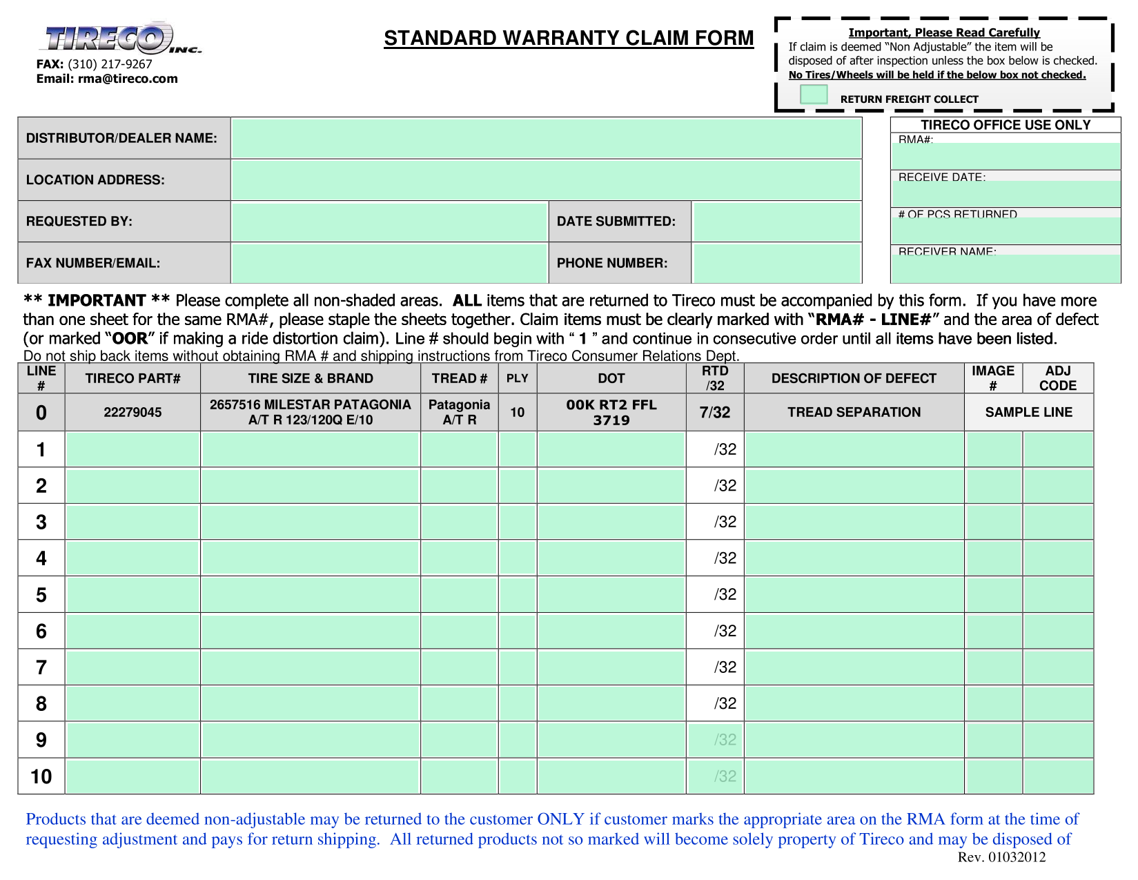 STANDARD WARRANTY CLAIM FORM screenshot