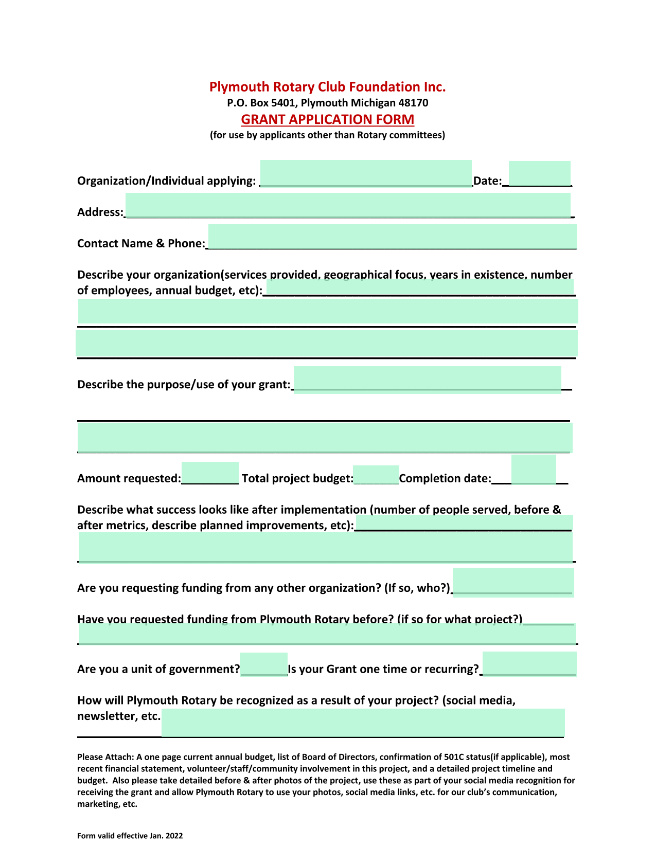Grant Application Form screenshot