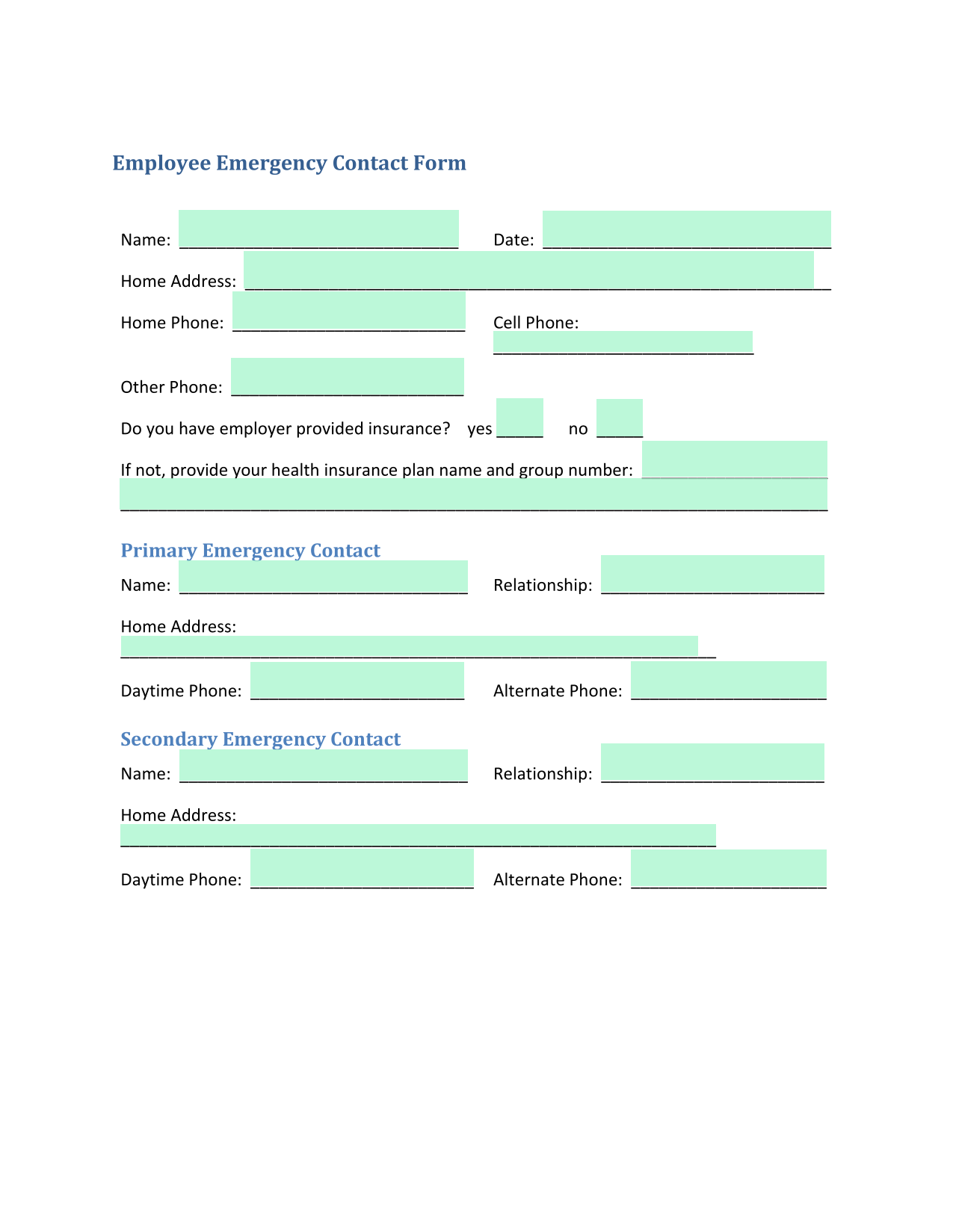 Employee Emergency Contact Form screenshot