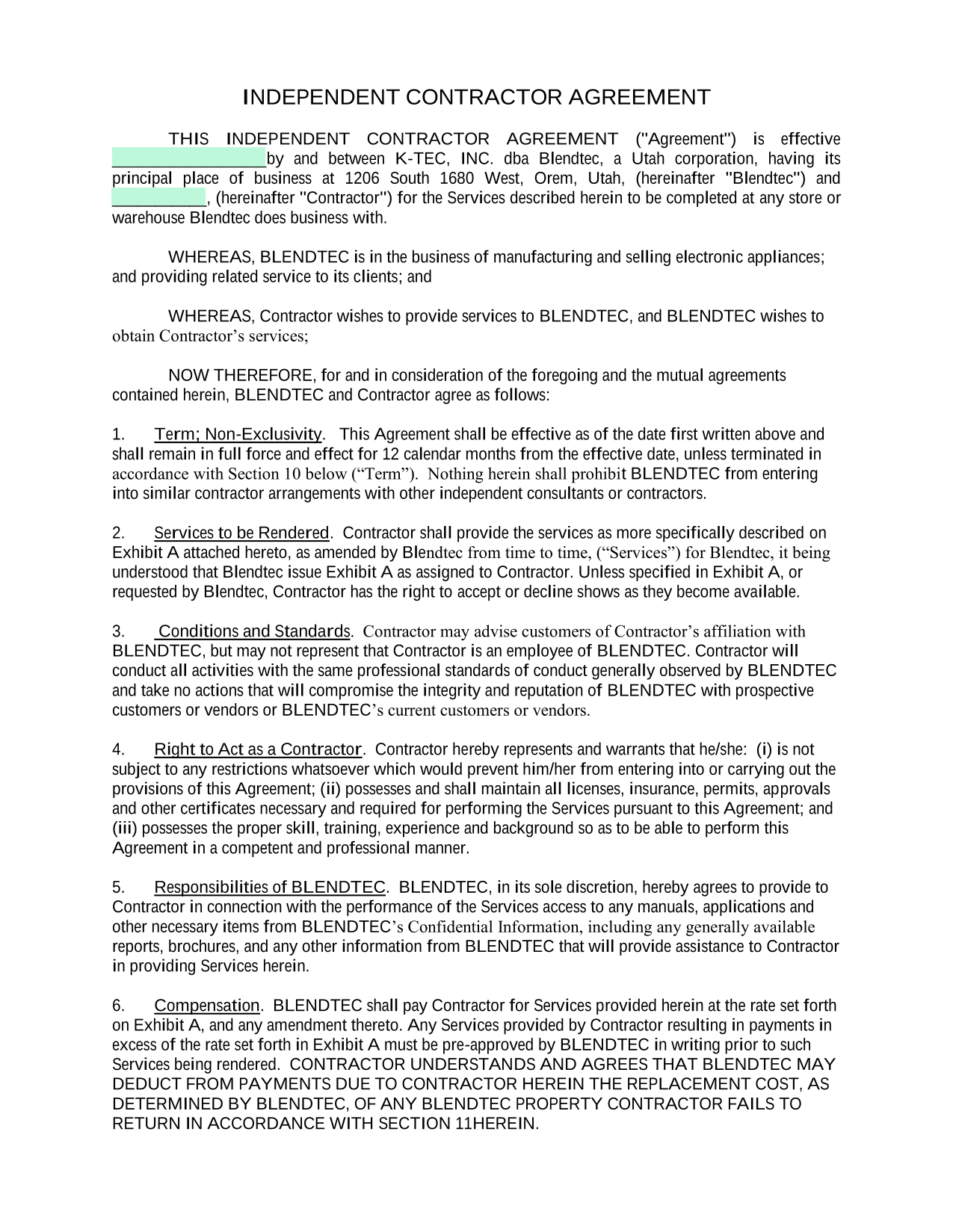 Independent Contractor Agreement screenshot
