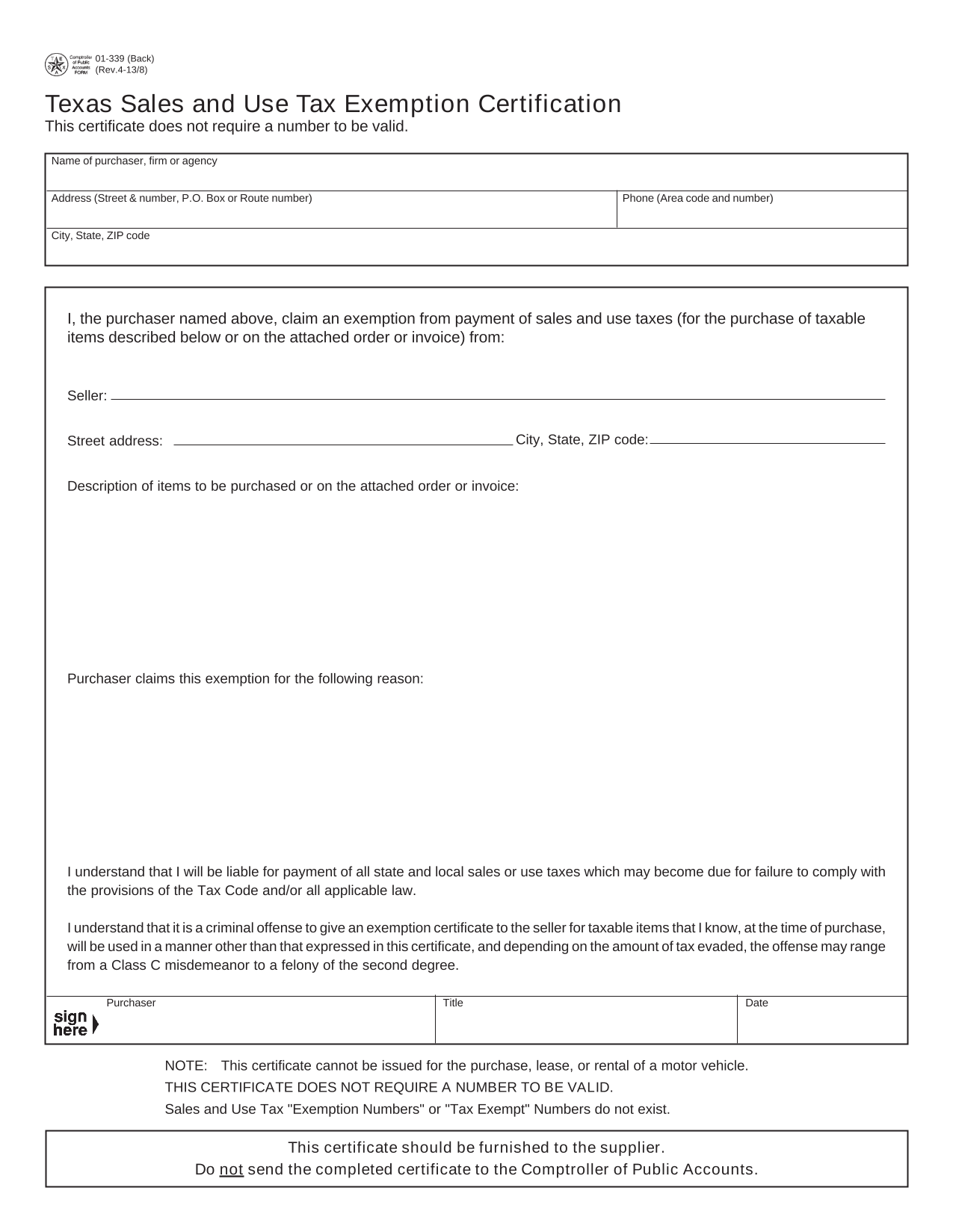 Texas Sales And Use Tax Exemption Certification screenshot